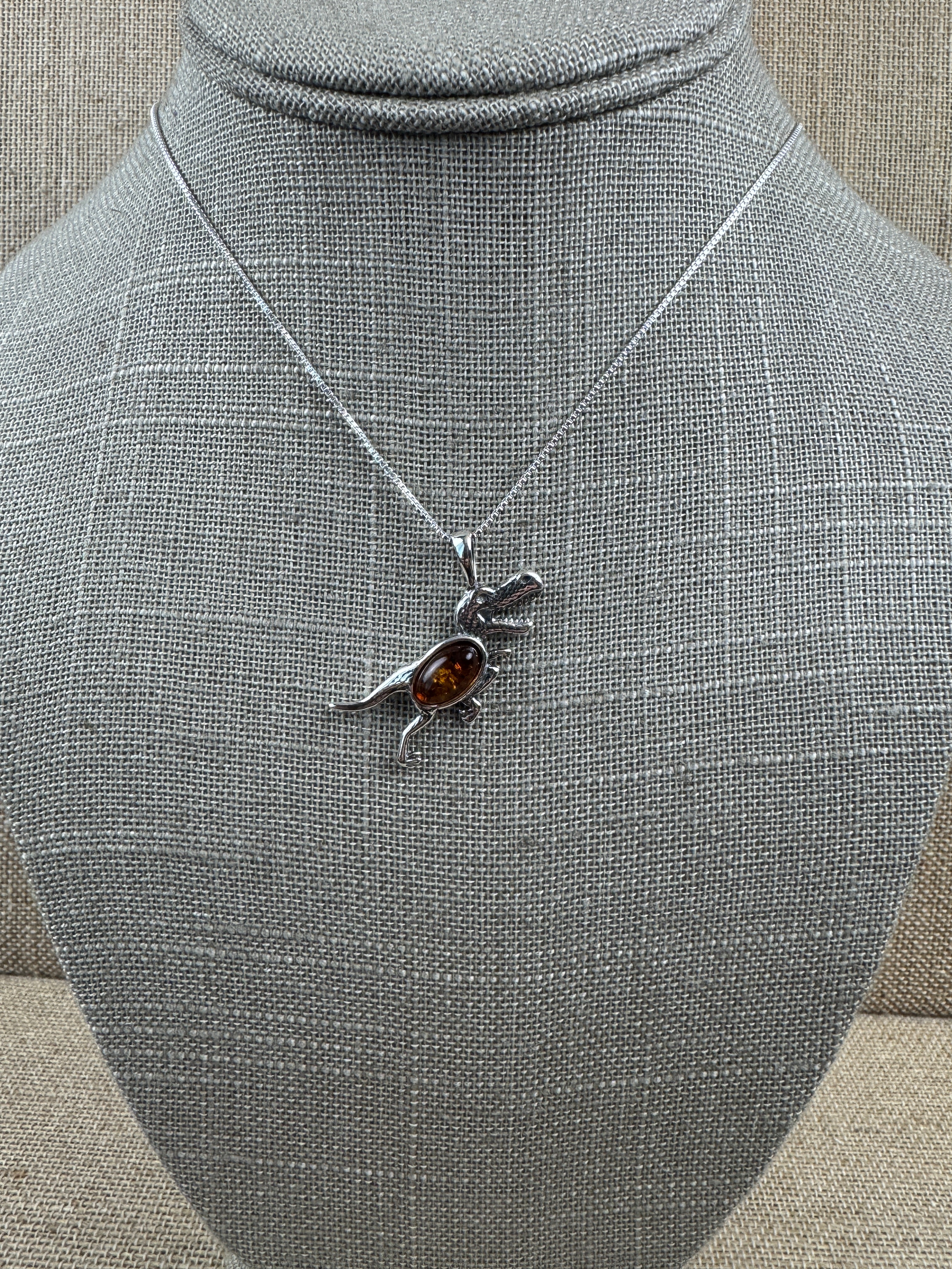 Tiny T-Rex Terror! Baltic Amber Dino Pendant - Shipped on Silver chain or leather