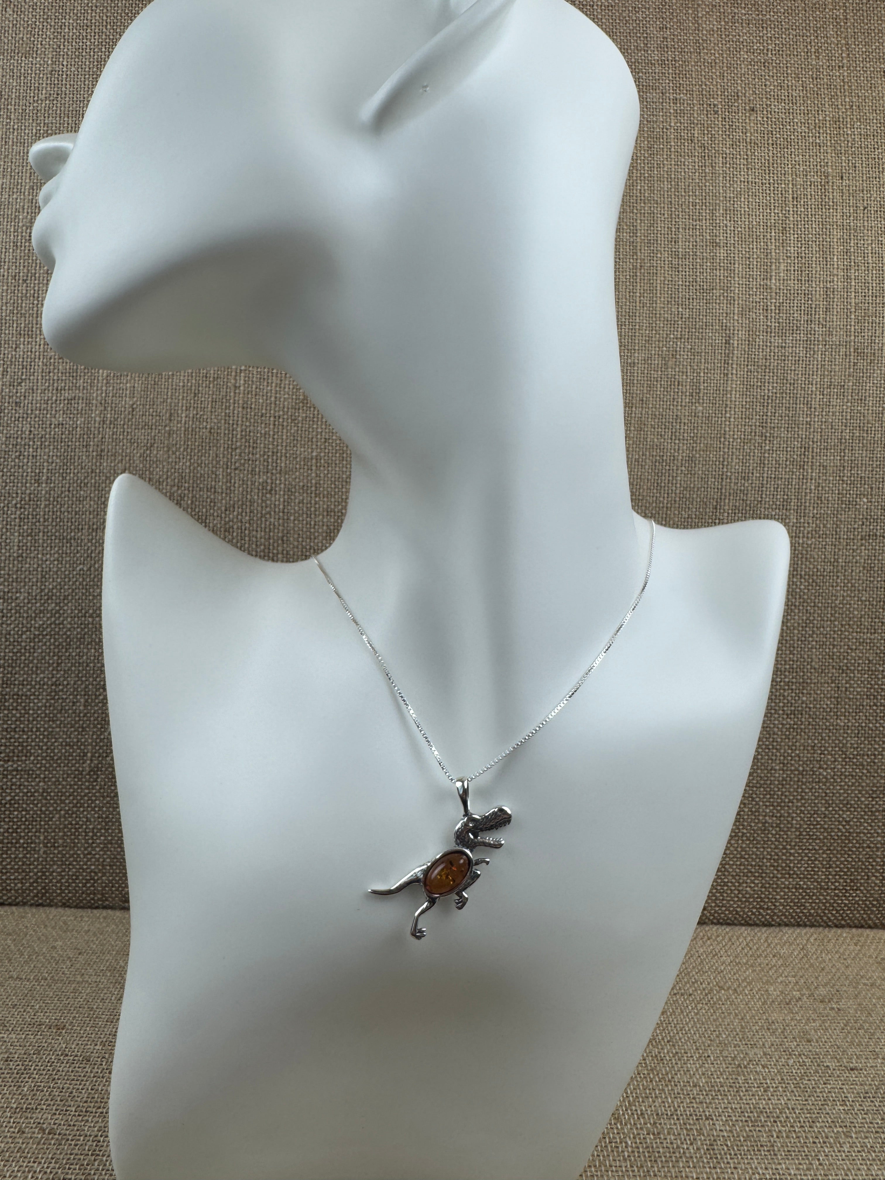 Tiny T-Rex Terror! Baltic Amber Dino Pendant - Shipped on Silver chain or leather