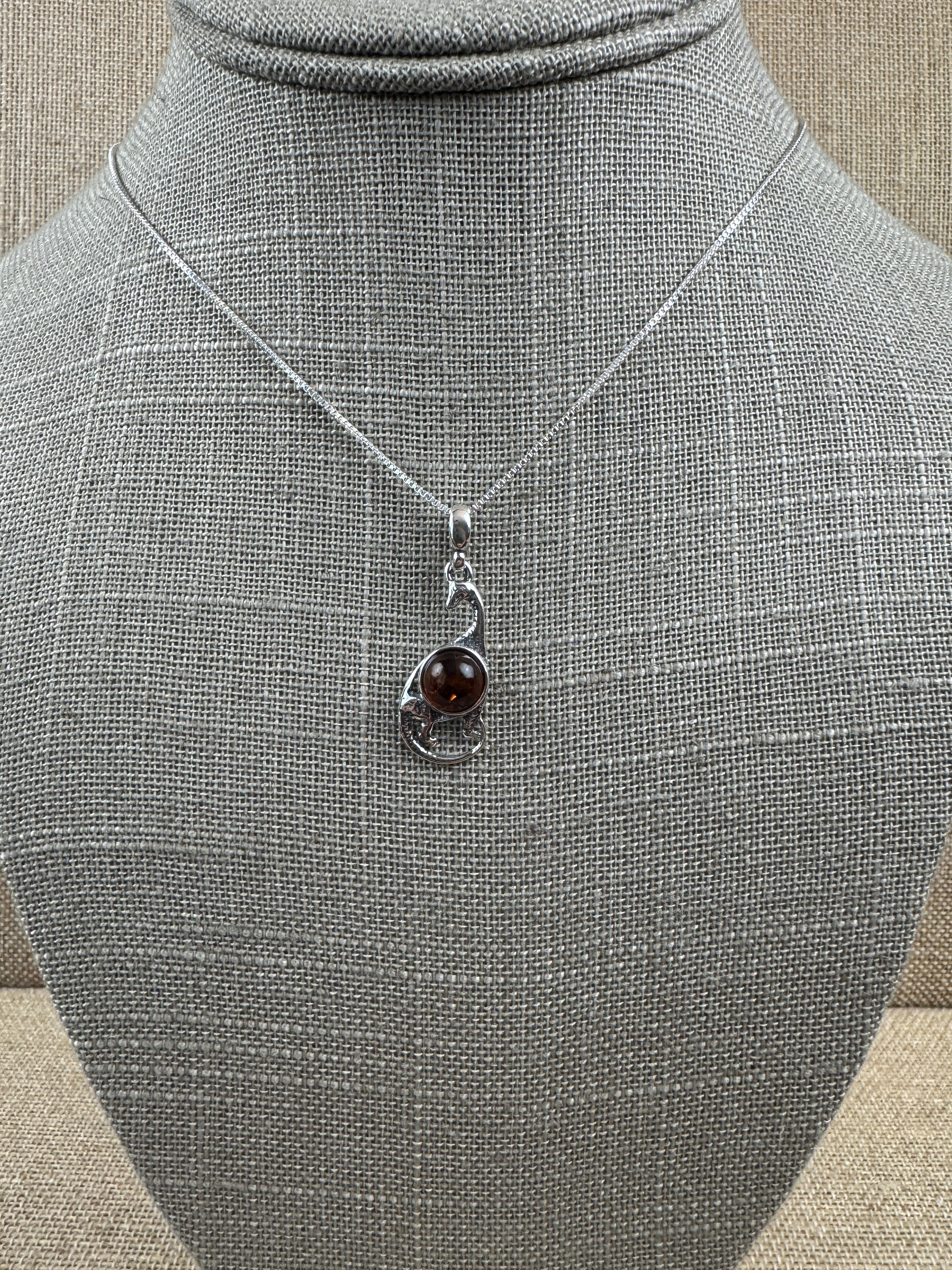 Sterling Silver Brontosaurus Pendant with Baltic Amber – Gentle Giant for Dino Lovers - Shipped on Silver chain