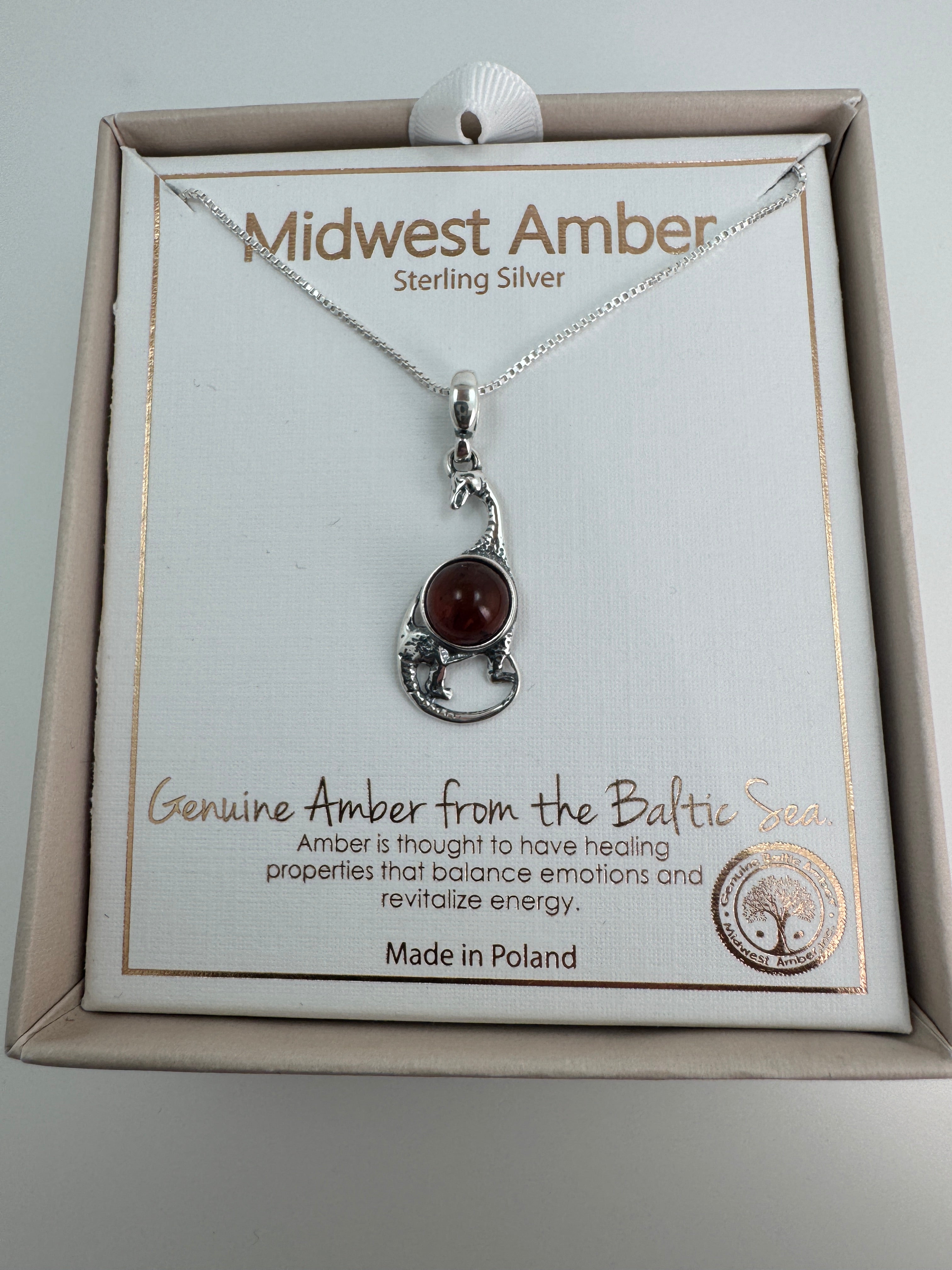 Sterling Silver Brontosaurus Pendant with Baltic Amber – Gentle Giant for Dino Lovers - Shipped on Silver chain