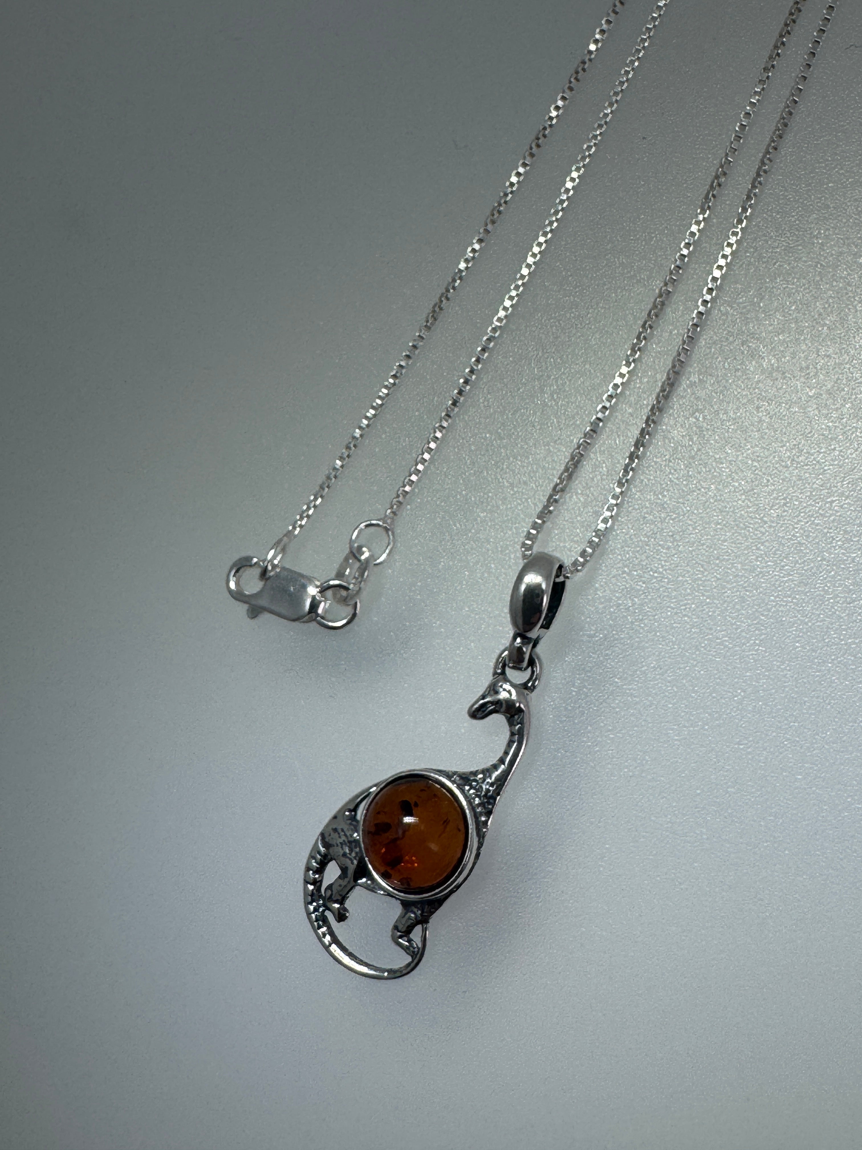 Sterling Silver Brontosaurus Pendant with Baltic Amber – Gentle Giant for Dino Lovers - Shipped on Silver chain