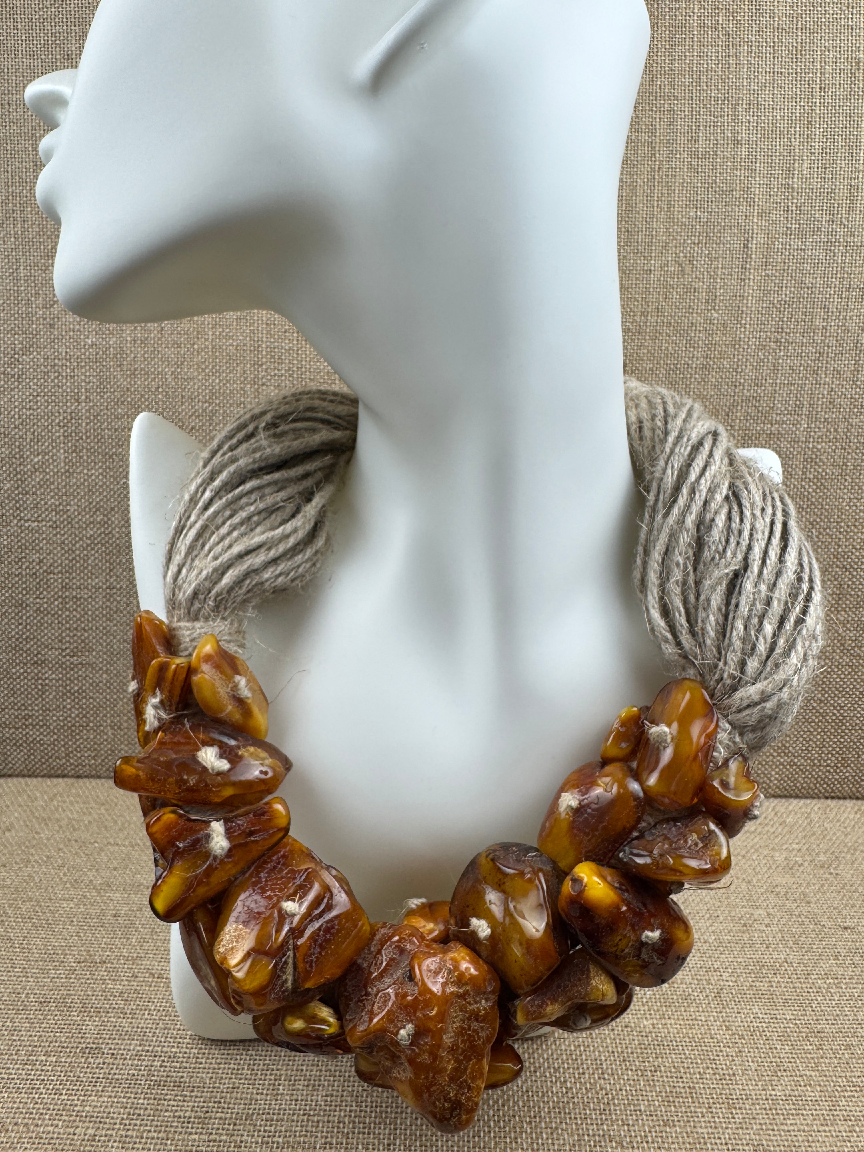 One-of-a-Kind Museum Quality Wool Fiber and Butterscotch Amber Necklace – 19 Inch Statement