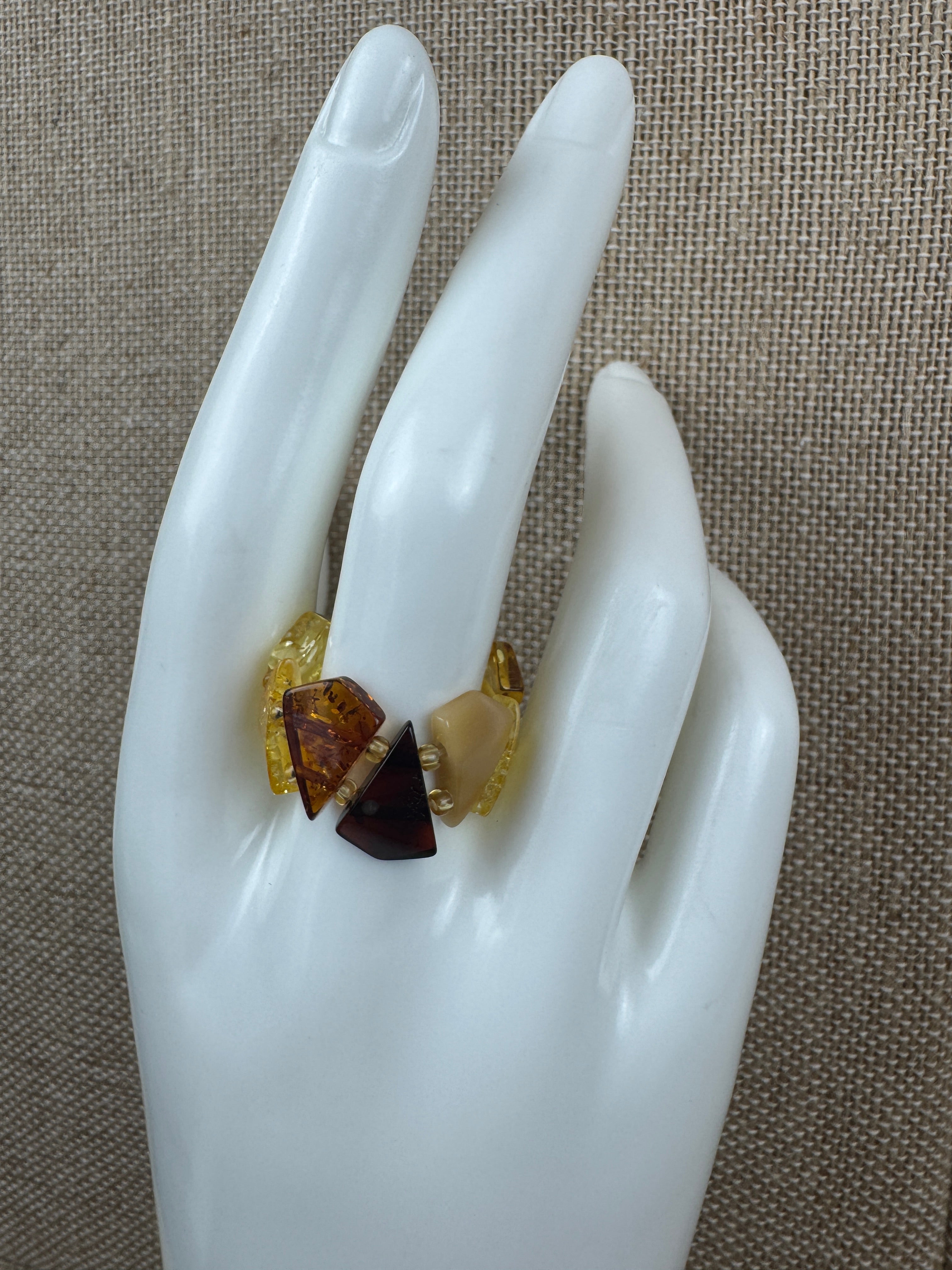 Adjustable Baltic Amber Beaded Ring – Stretch Fit in Rainbow Honey Tones - Butterscotch, Lemon, Cognac & Cherry Beads, Made in Lithuania