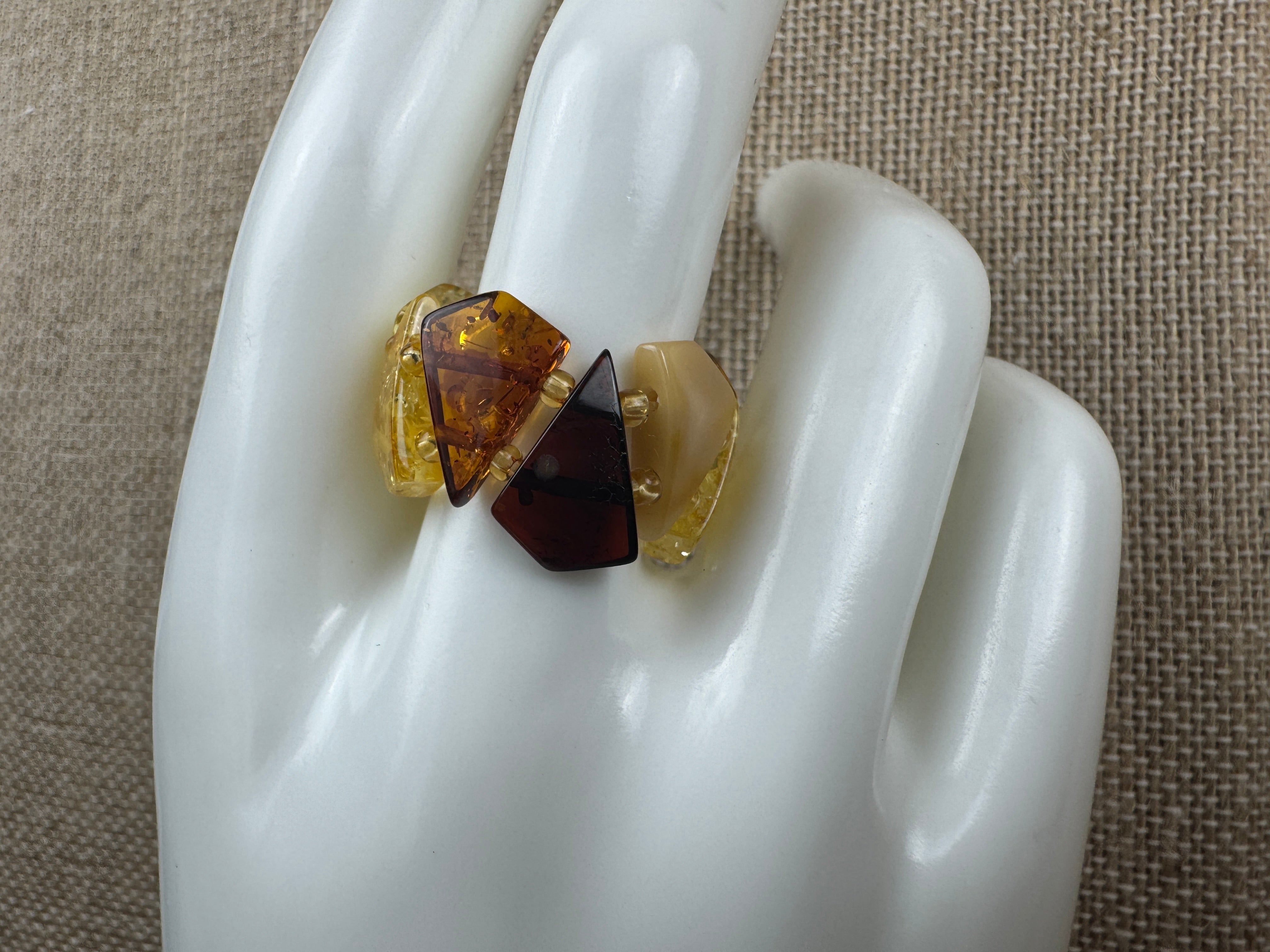 Adjustable Baltic Amber Beaded Ring – Stretch Fit in Rainbow Honey Tones - Butterscotch, Lemon, Cognac & Cherry Beads, Made in Lithuania