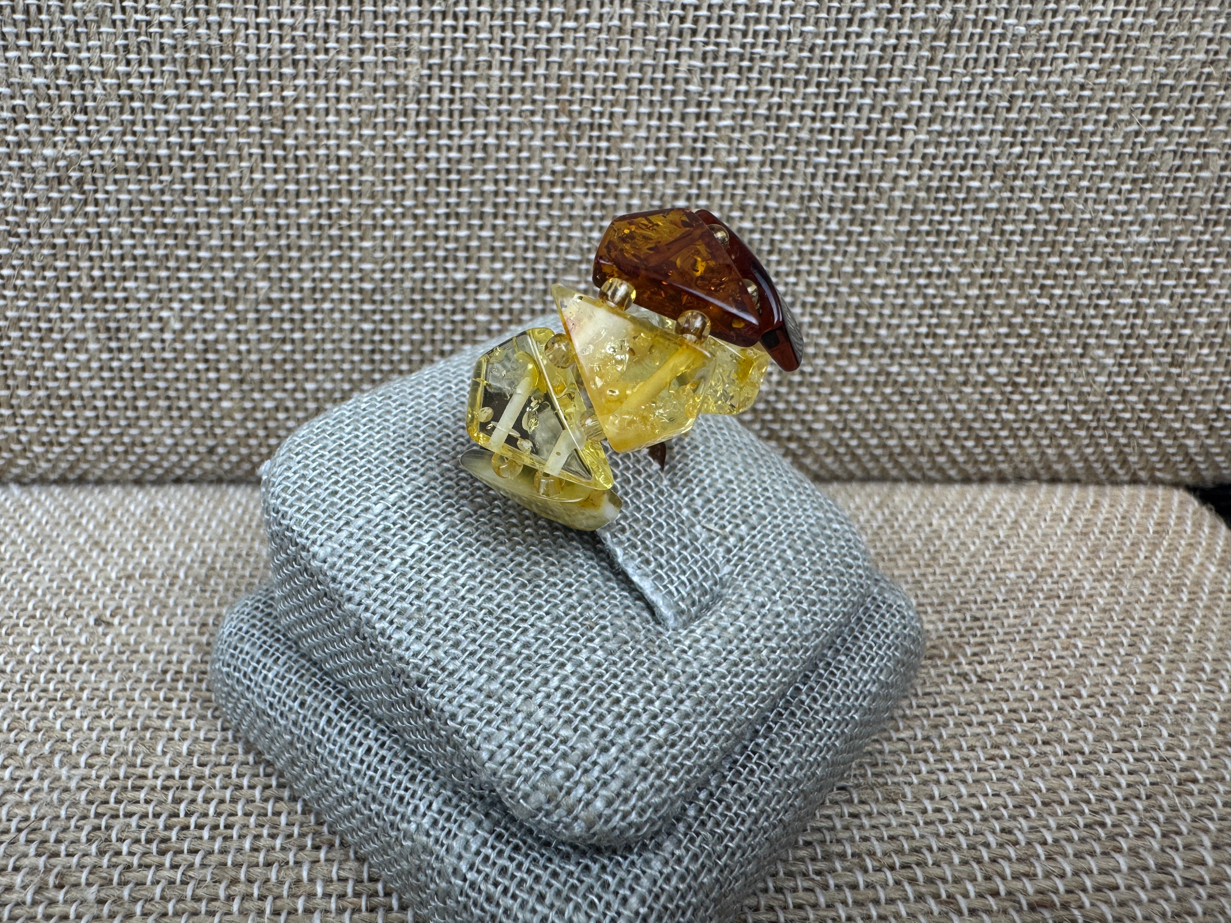 Adjustable Baltic Amber Beaded Ring – Stretch Fit in Rainbow Honey Tones - Butterscotch, Lemon, Cognac & Cherry Beads, Made in Lithuania