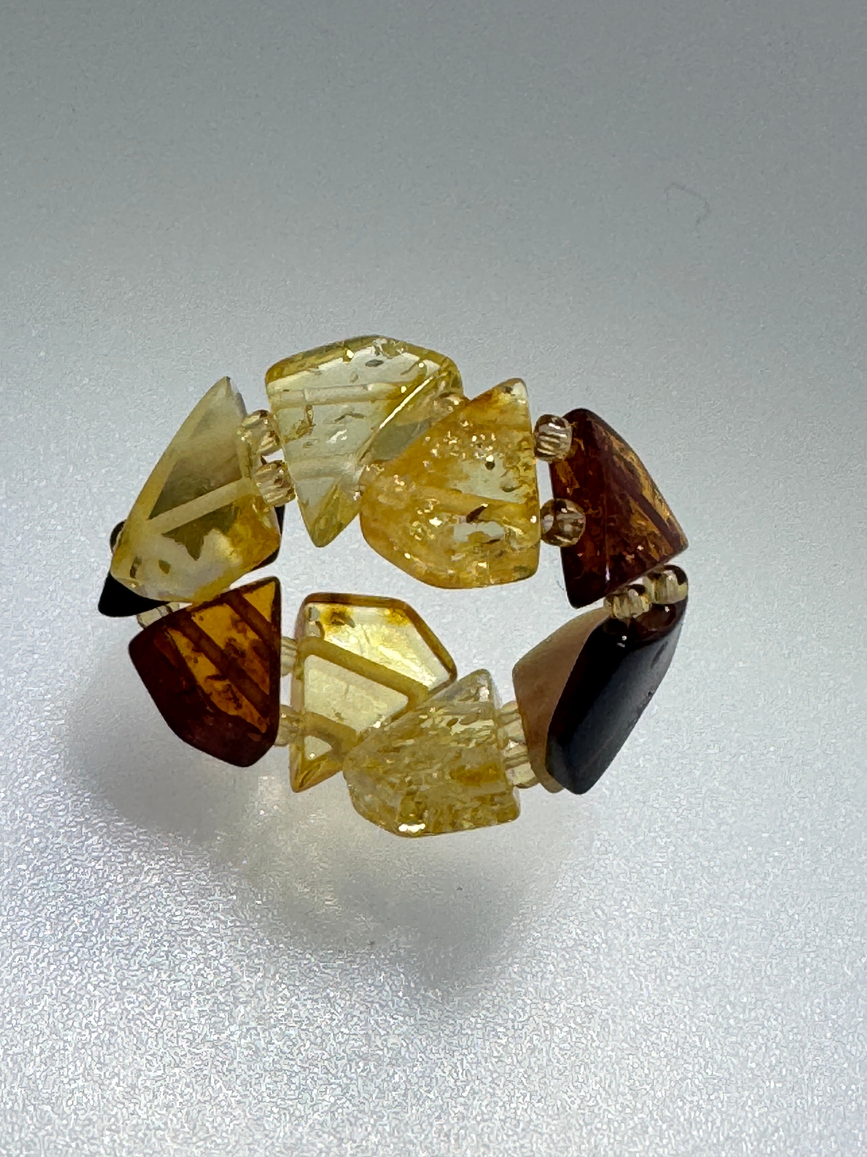 Adjustable Baltic Amber Beaded Ring – Stretch Fit in Rainbow Honey Tones - Butterscotch, Lemon, Cognac & Cherry Beads, Made in Lithuania