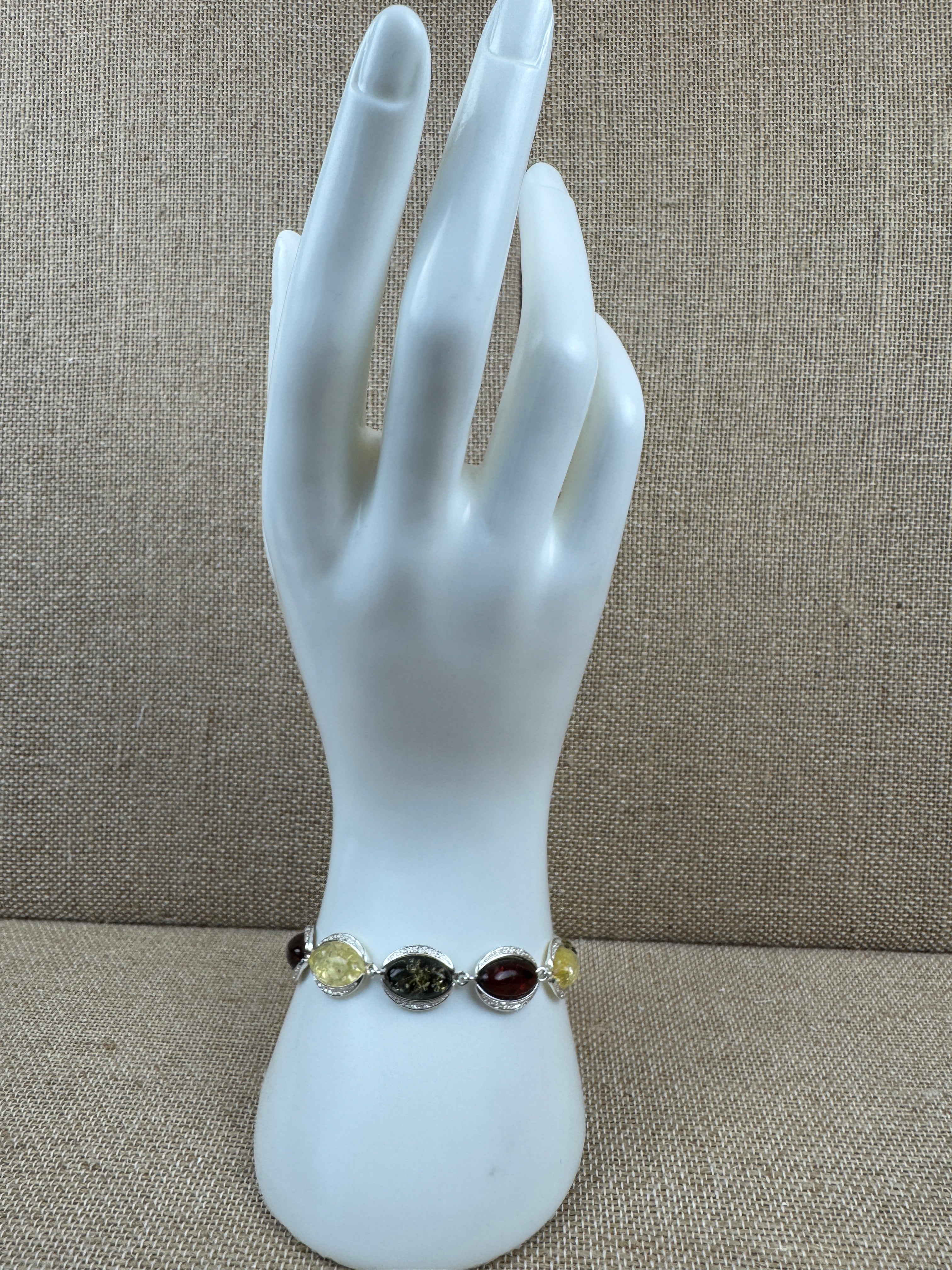 Baltic Amber Sterling Silver Link Bracelet – Cognac, Green, and Lemon Gemstone Jewelry