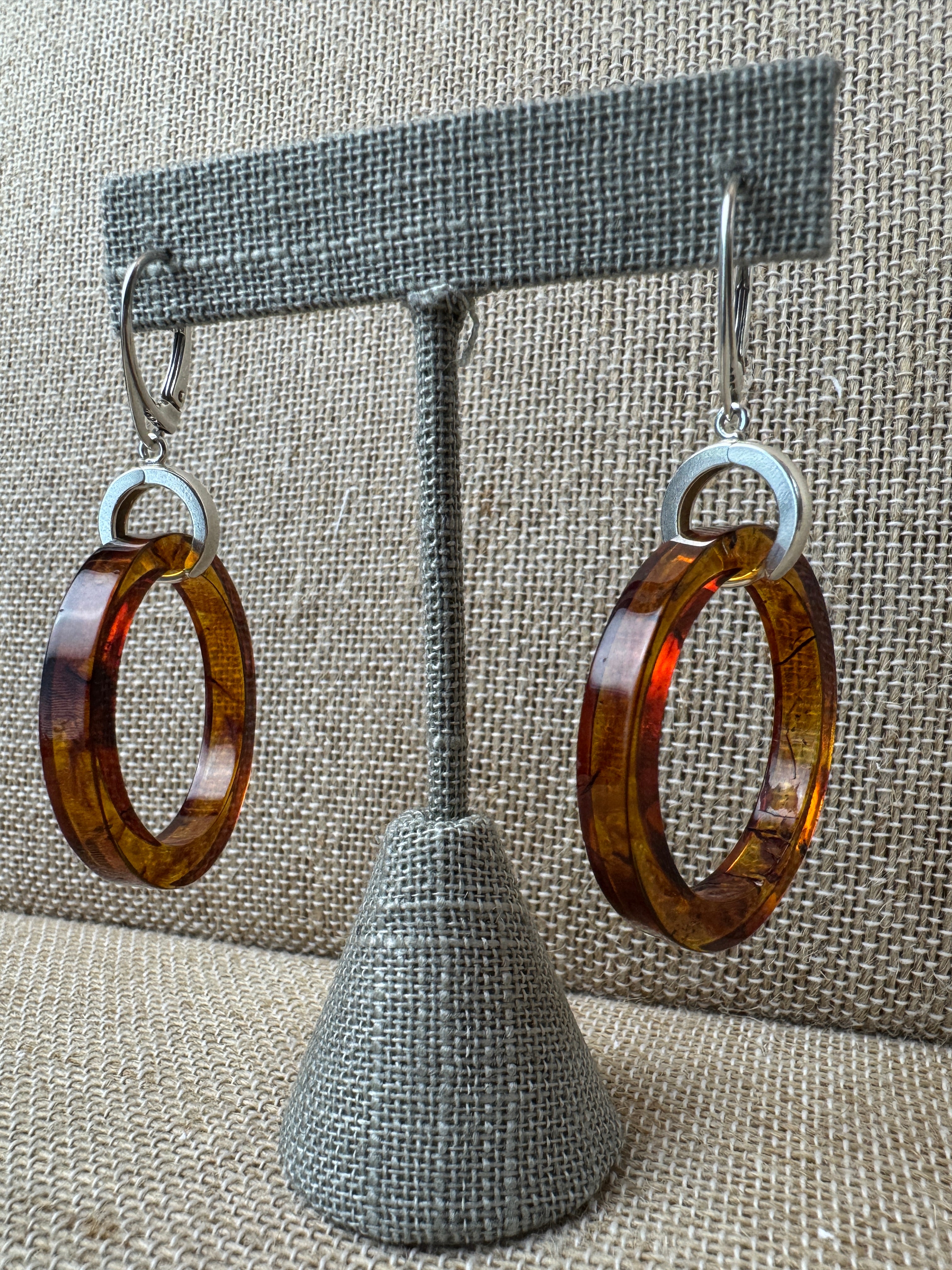 Lightweight Baltic Amber Hoop Drop LeverbackEarrings – Cognac Amber Dangles in Sterling Silver