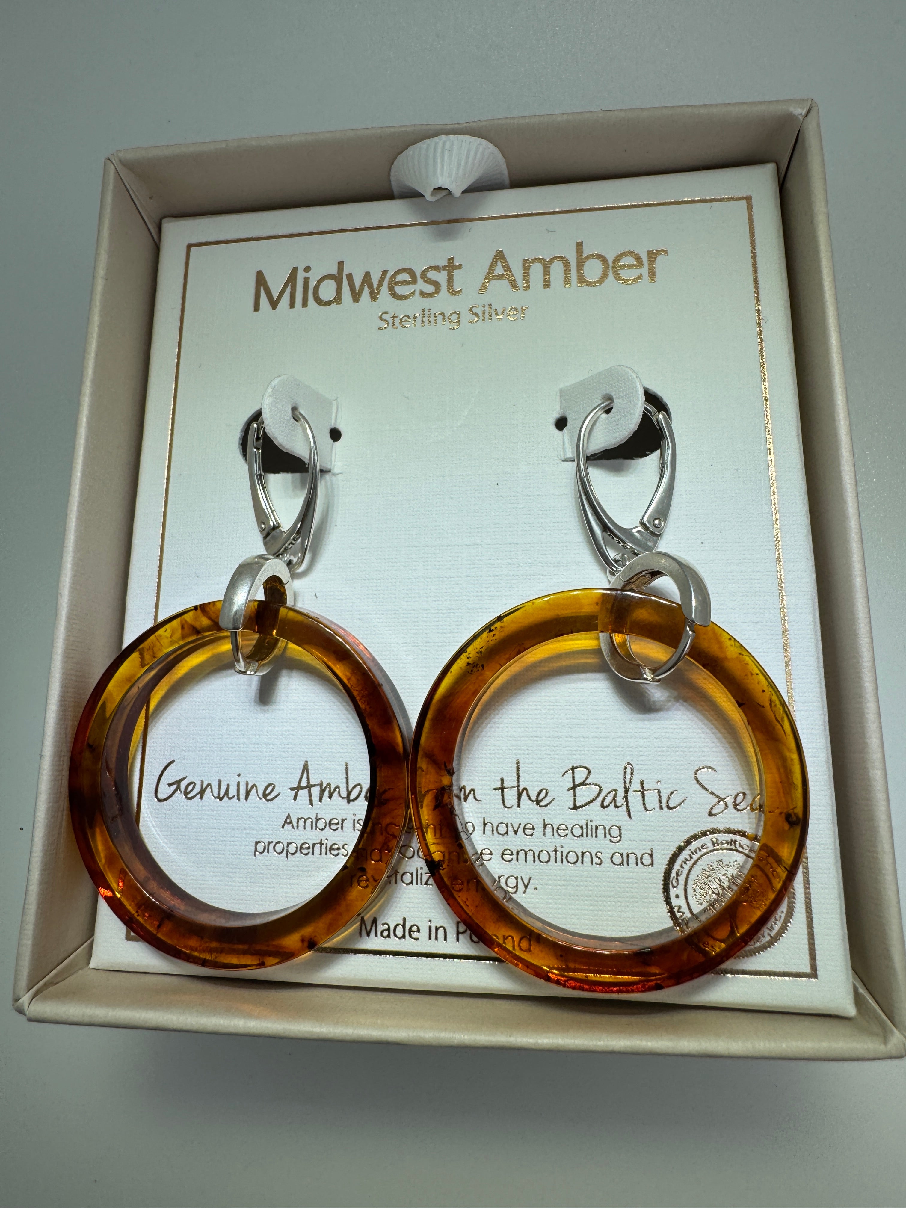 Lightweight Baltic Amber Hoop Drop LeverbackEarrings – Cognac Amber Dangles in Sterling Silver