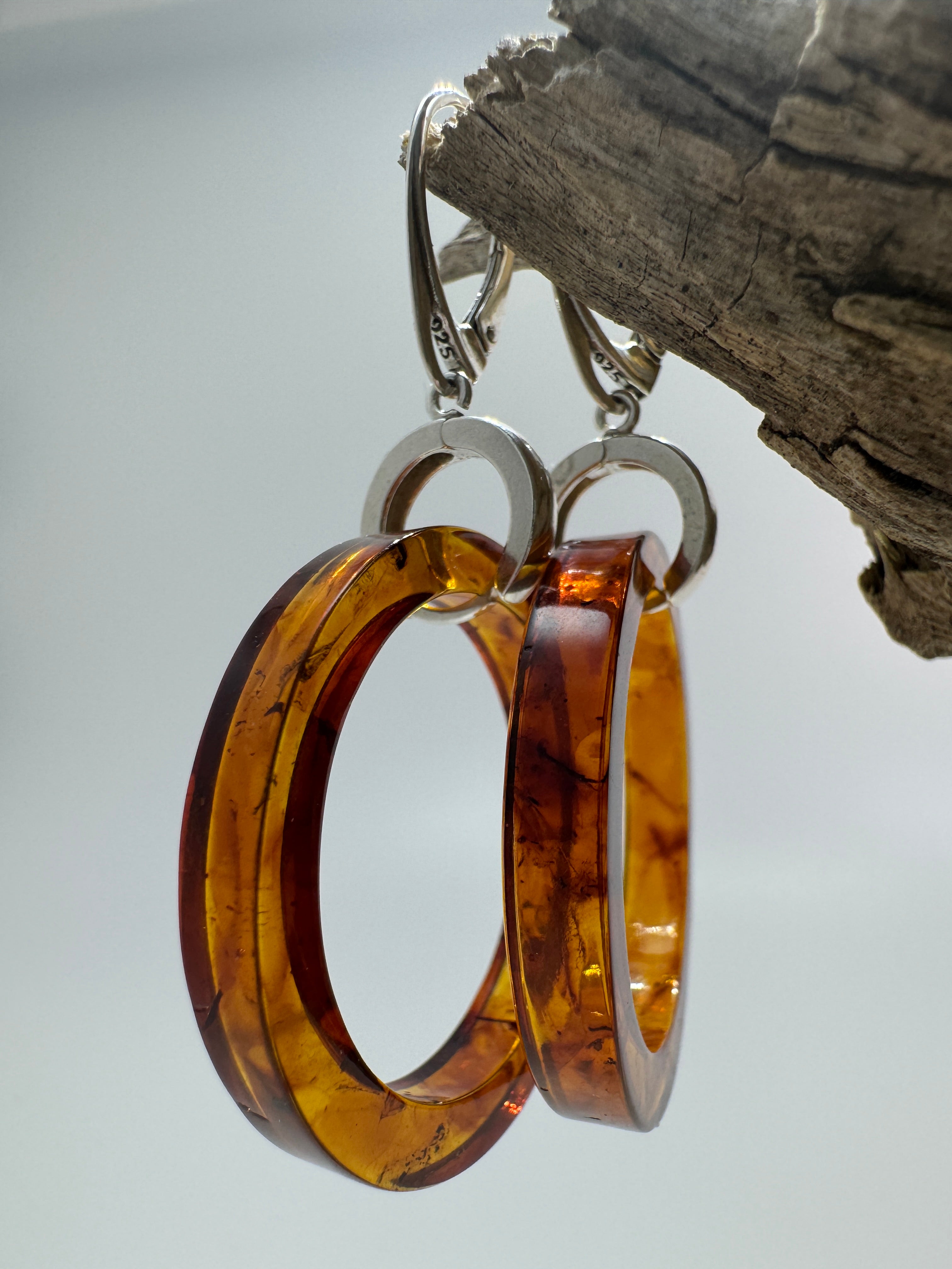 Lightweight Baltic Amber Hoop Drop LeverbackEarrings – Cognac Amber Dangles in Sterling Silver
