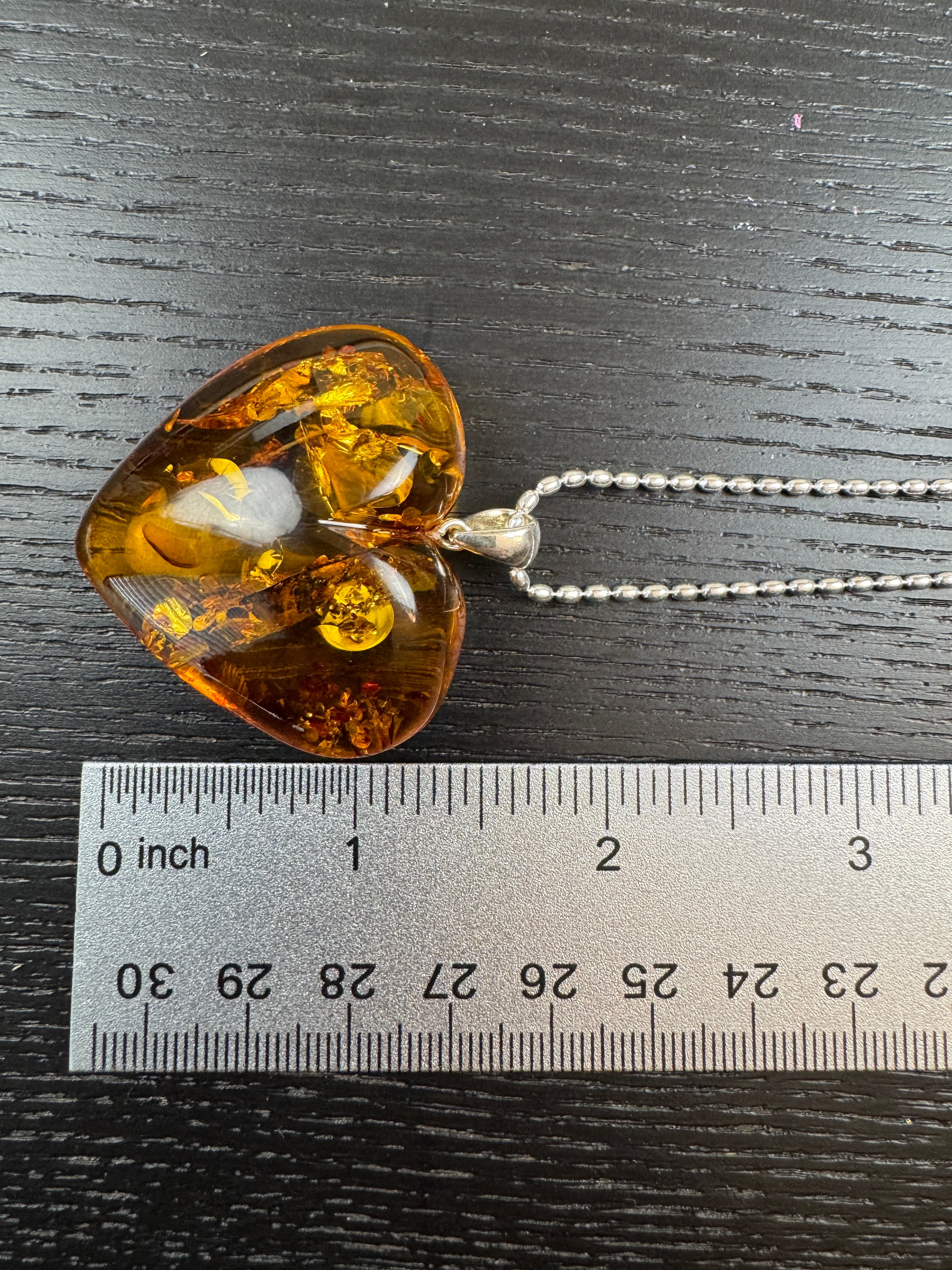 Oversized Hand-Carved Baltic Amber Puffy Heart Pendant – Cognac Honey with Sterling Silver Bead Chain