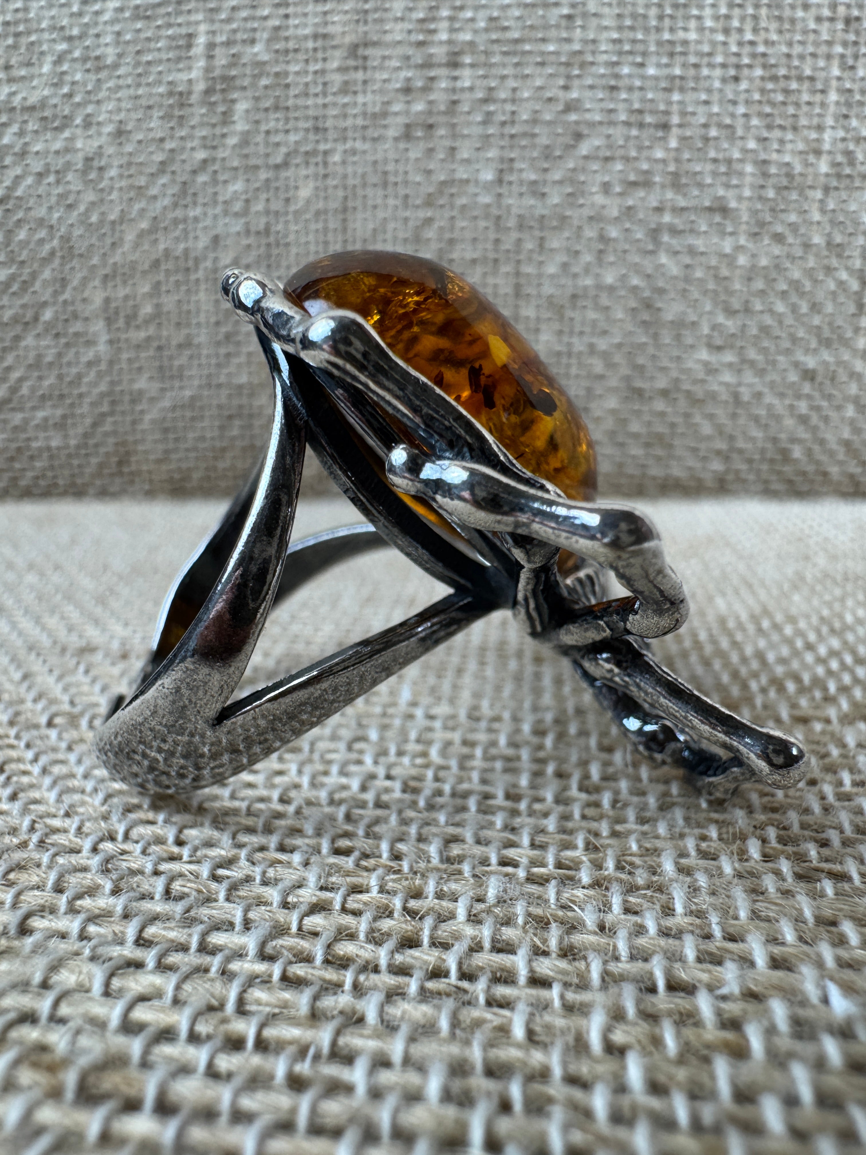 Sterling Silver Spider Ring with Honey Baltic Amber – Oxidized Finish, Handmade & Adjustable