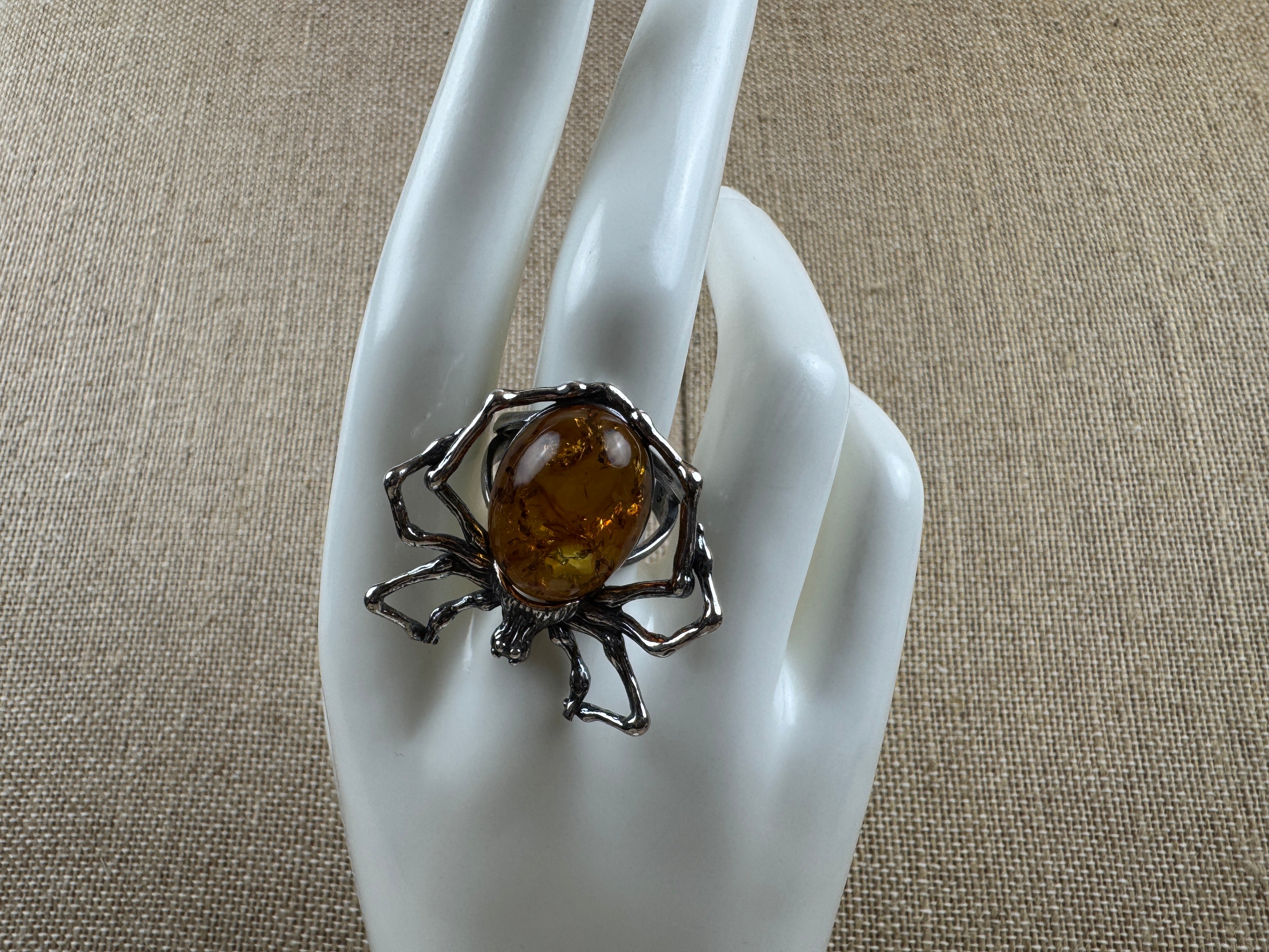 Sterling Silver Spider Ring with Honey Baltic Amber – Oxidized Finish, Handmade & Adjustable