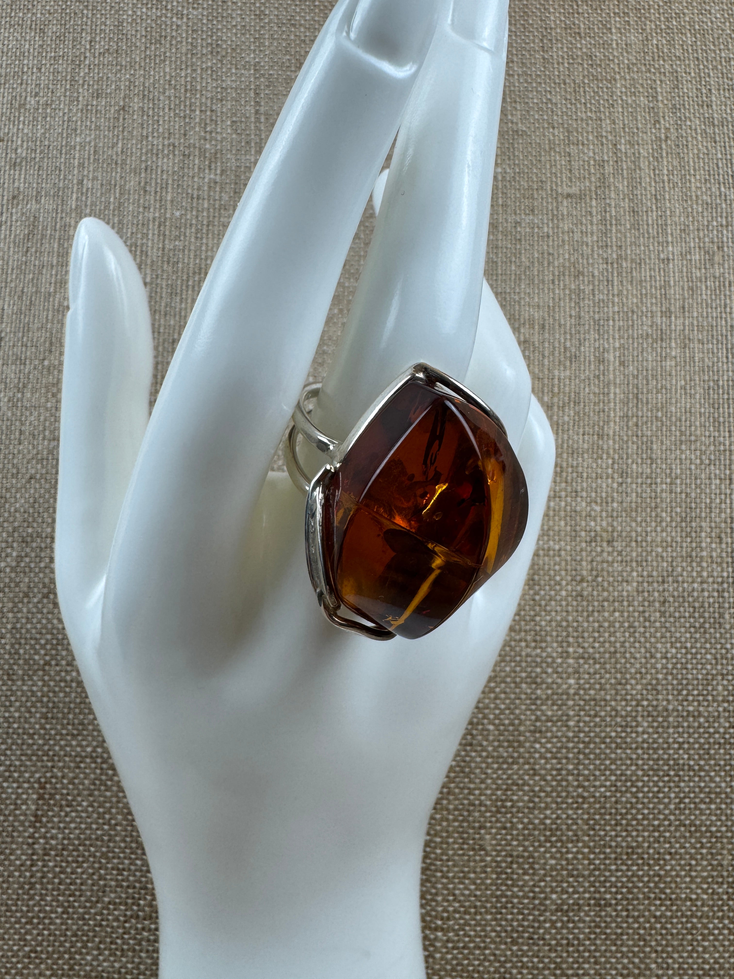 Faceted Cognac Honey Baltic Amber Statement Ring – Sterling Silver Floral Design, Adjustable