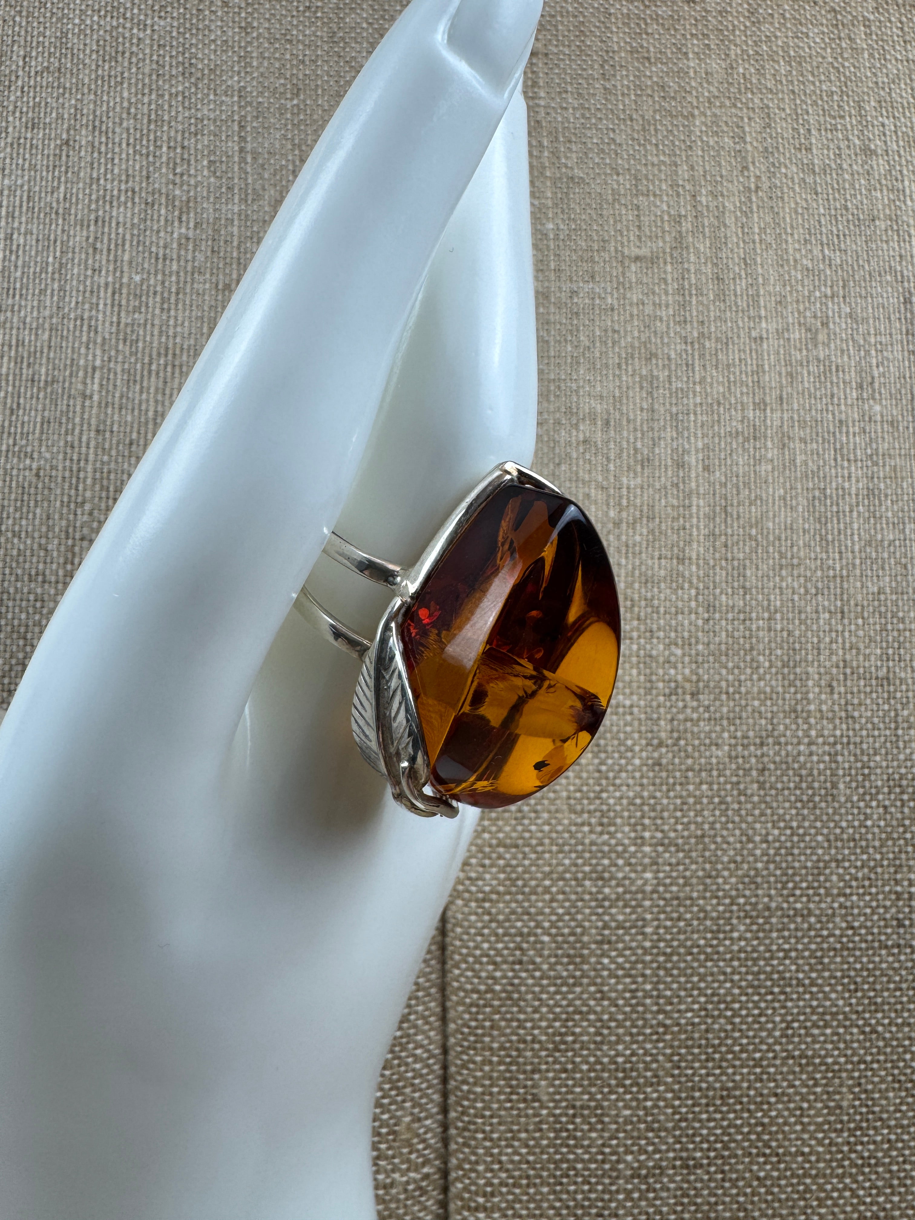 Faceted Cognac Honey Baltic Amber Statement Ring – Sterling Silver Floral Design, Adjustable