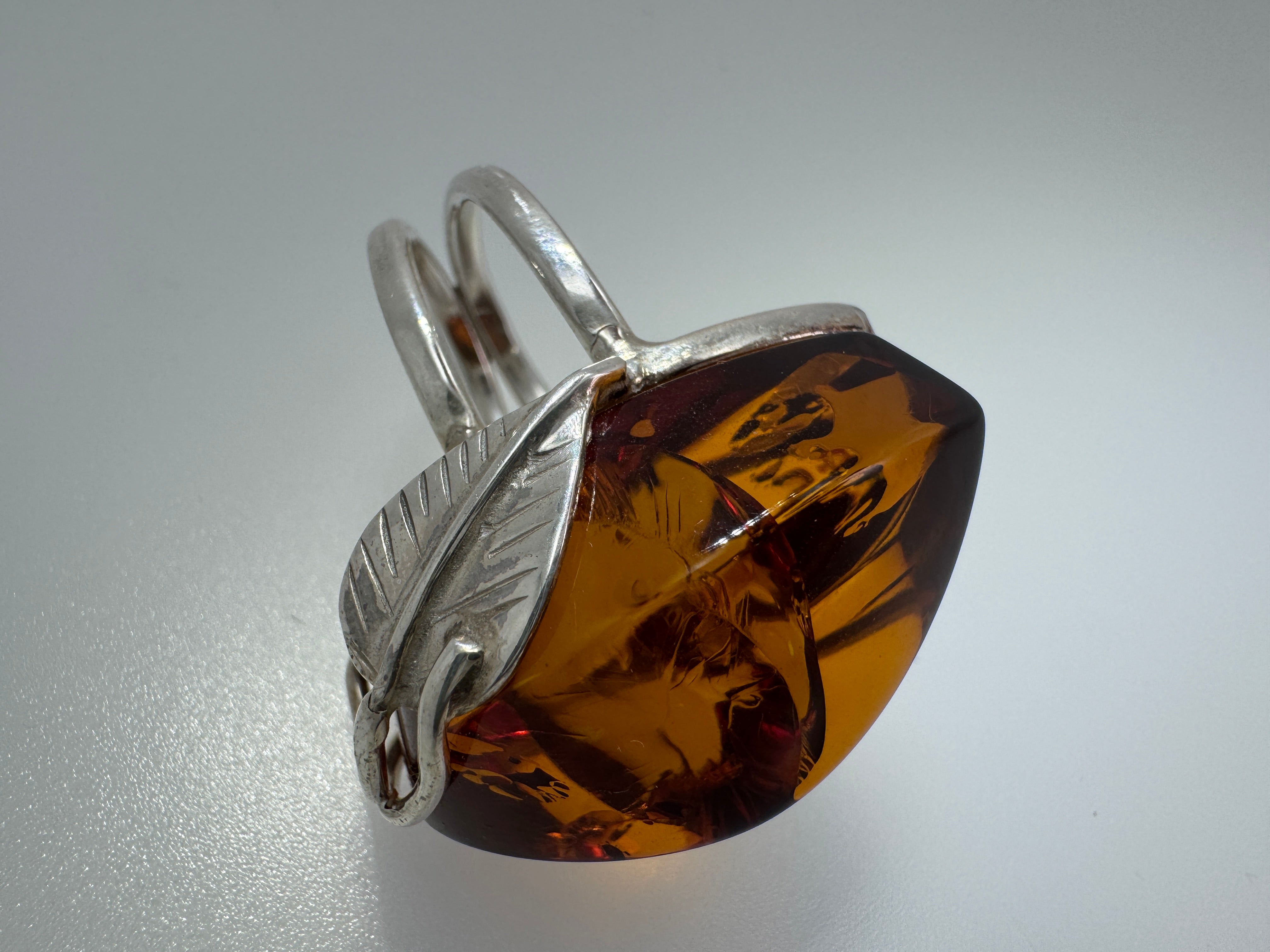 Faceted Cognac Honey Baltic Amber Statement Ring – Sterling Silver Floral Design, Adjustable