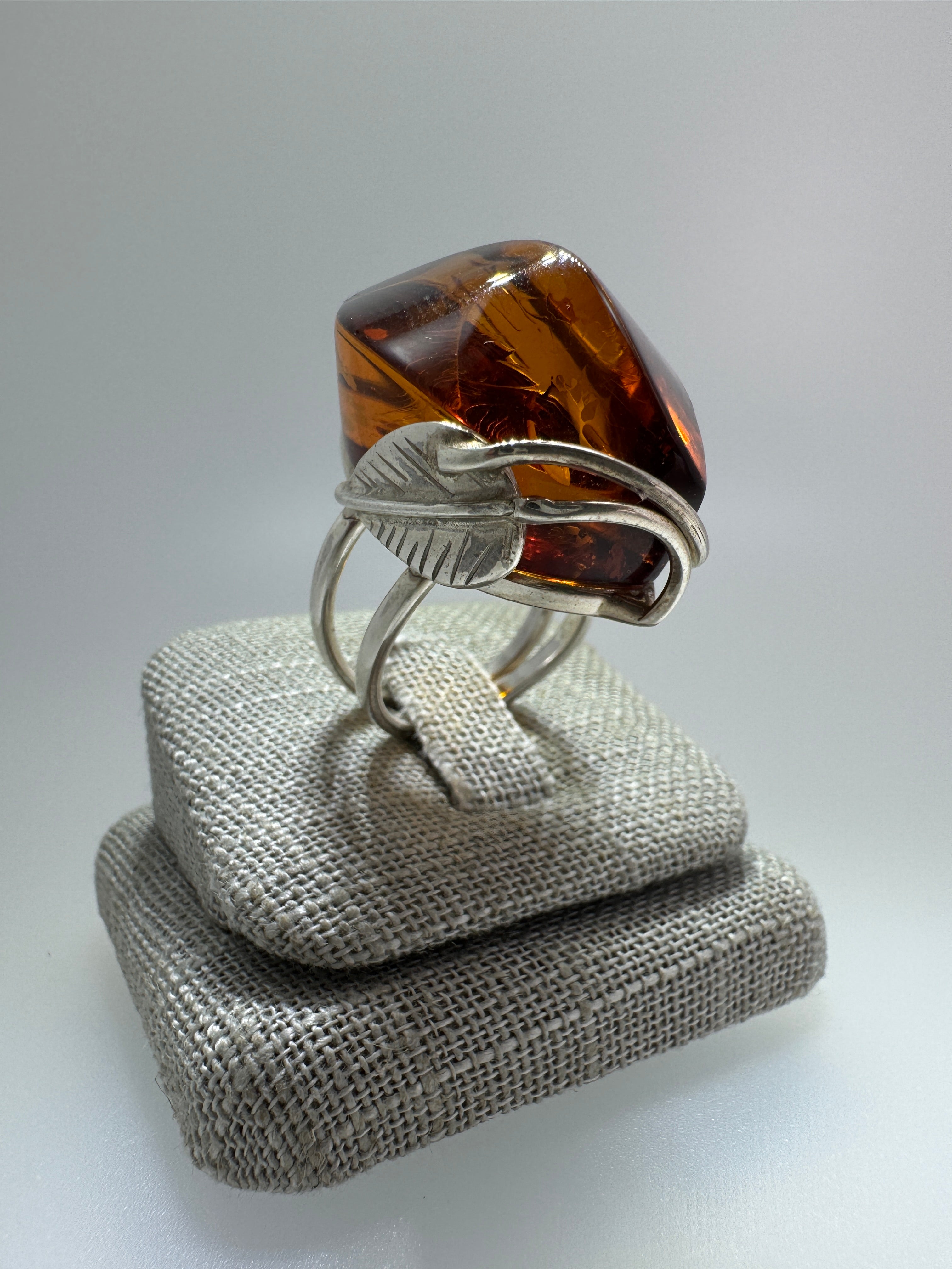 Faceted Cognac Honey Baltic Amber Statement Ring – Sterling Silver Floral Design, Adjustable