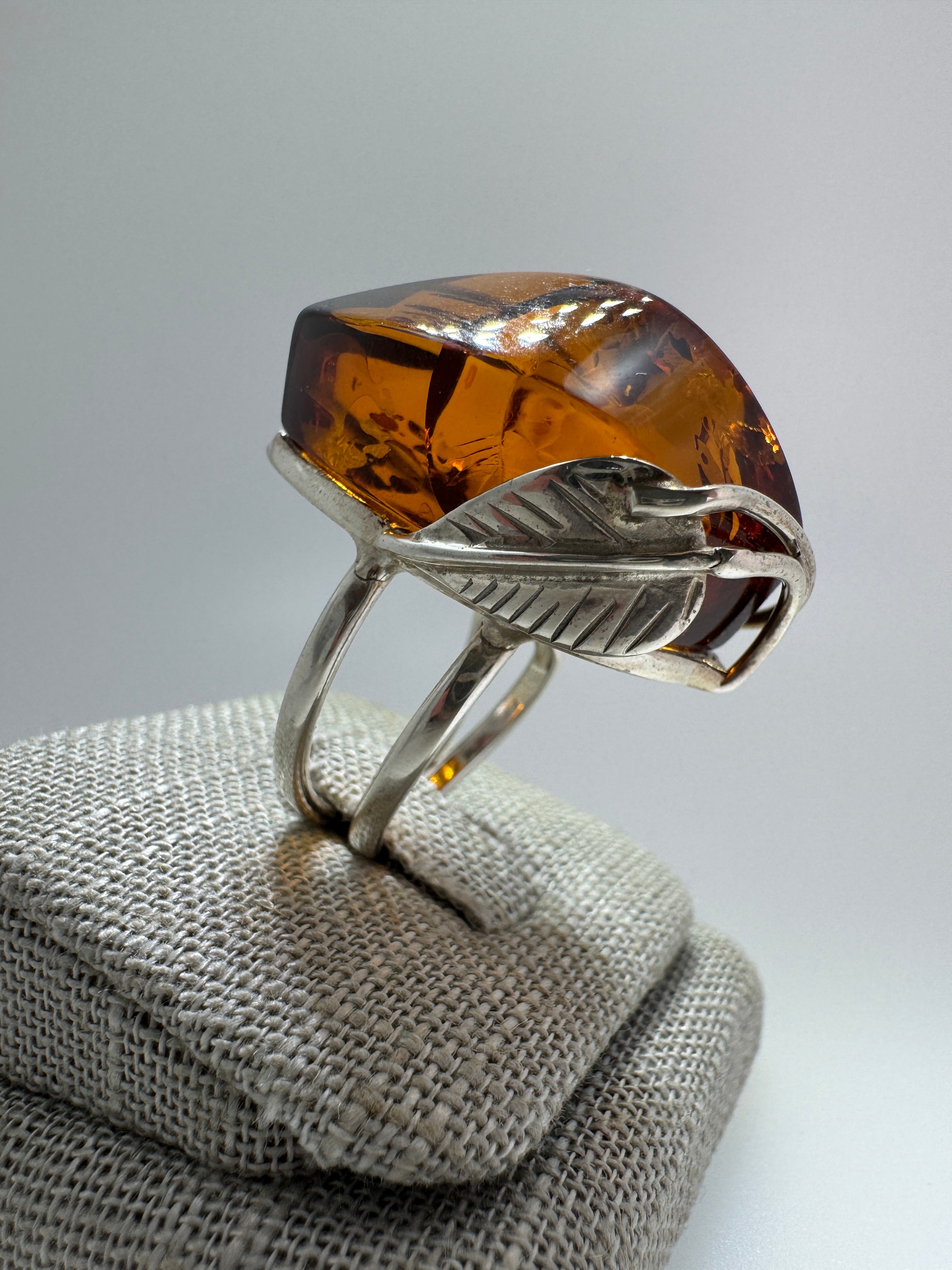 Faceted Cognac Honey Baltic Amber Statement Ring – Sterling Silver Floral Design, Adjustable