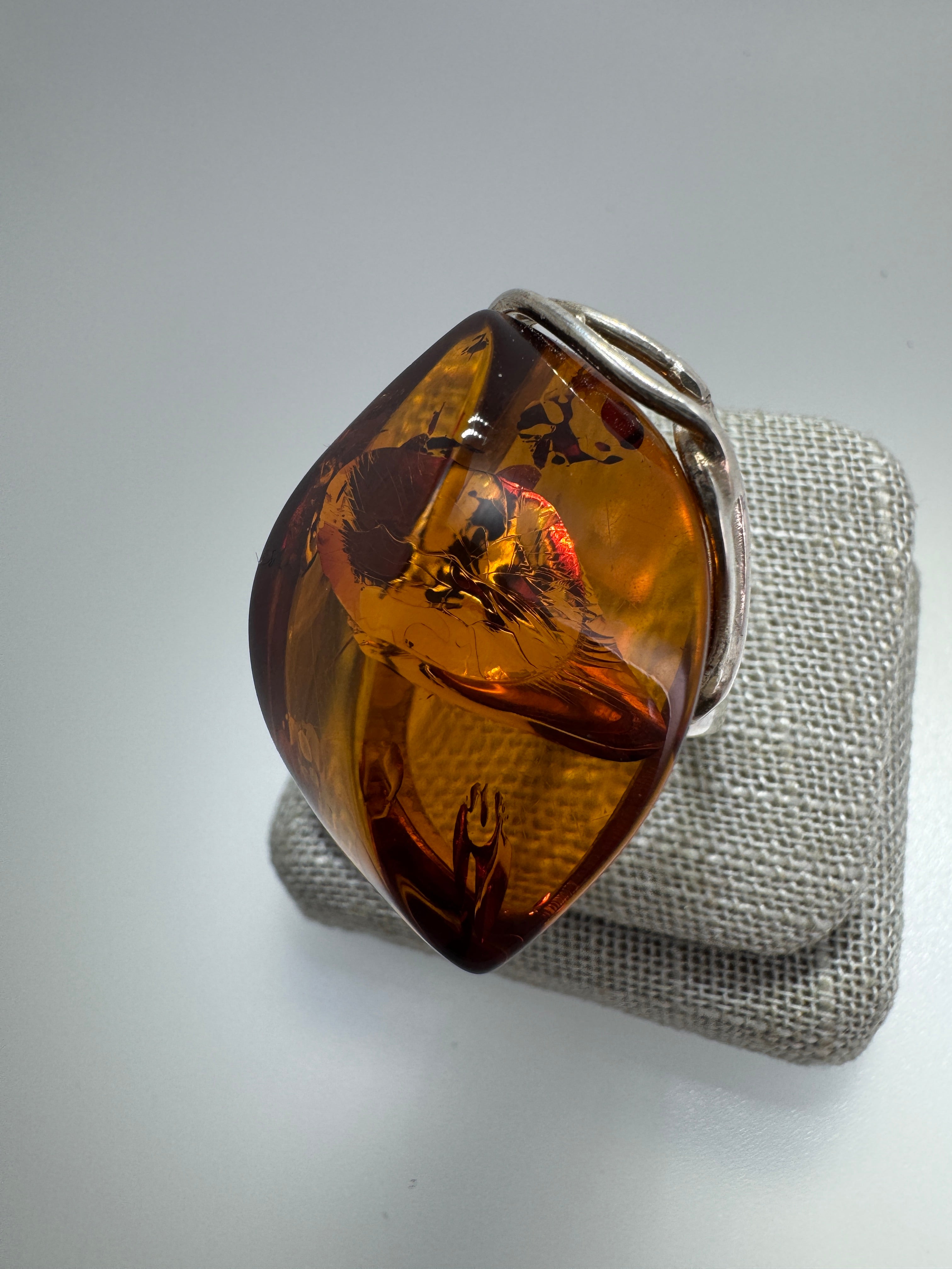 Faceted Cognac Honey Baltic Amber Statement Ring – Sterling Silver Floral Design, Adjustable