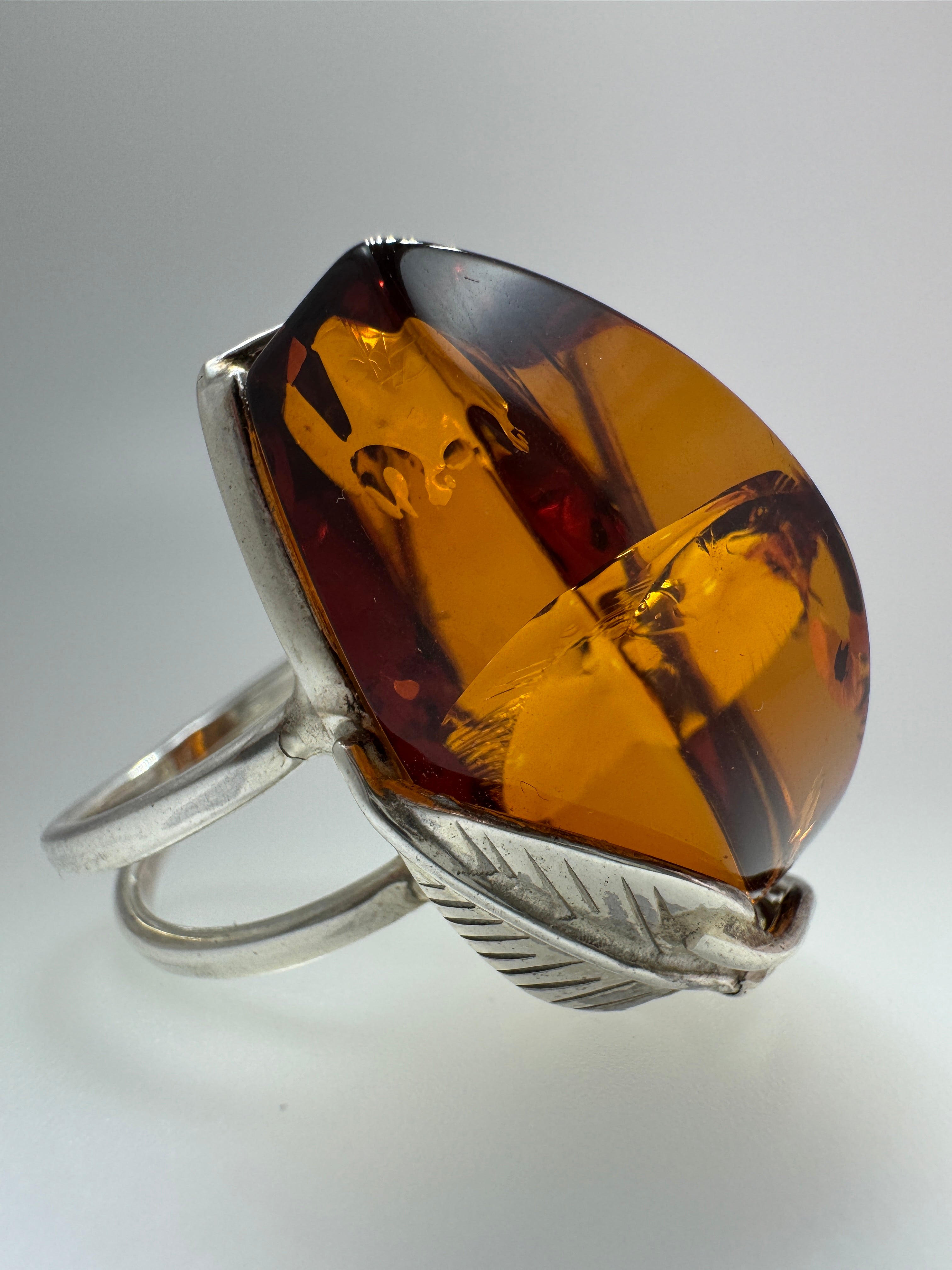 Faceted Cognac Honey Baltic Amber Statement Ring – Sterling Silver Floral Design, Adjustable