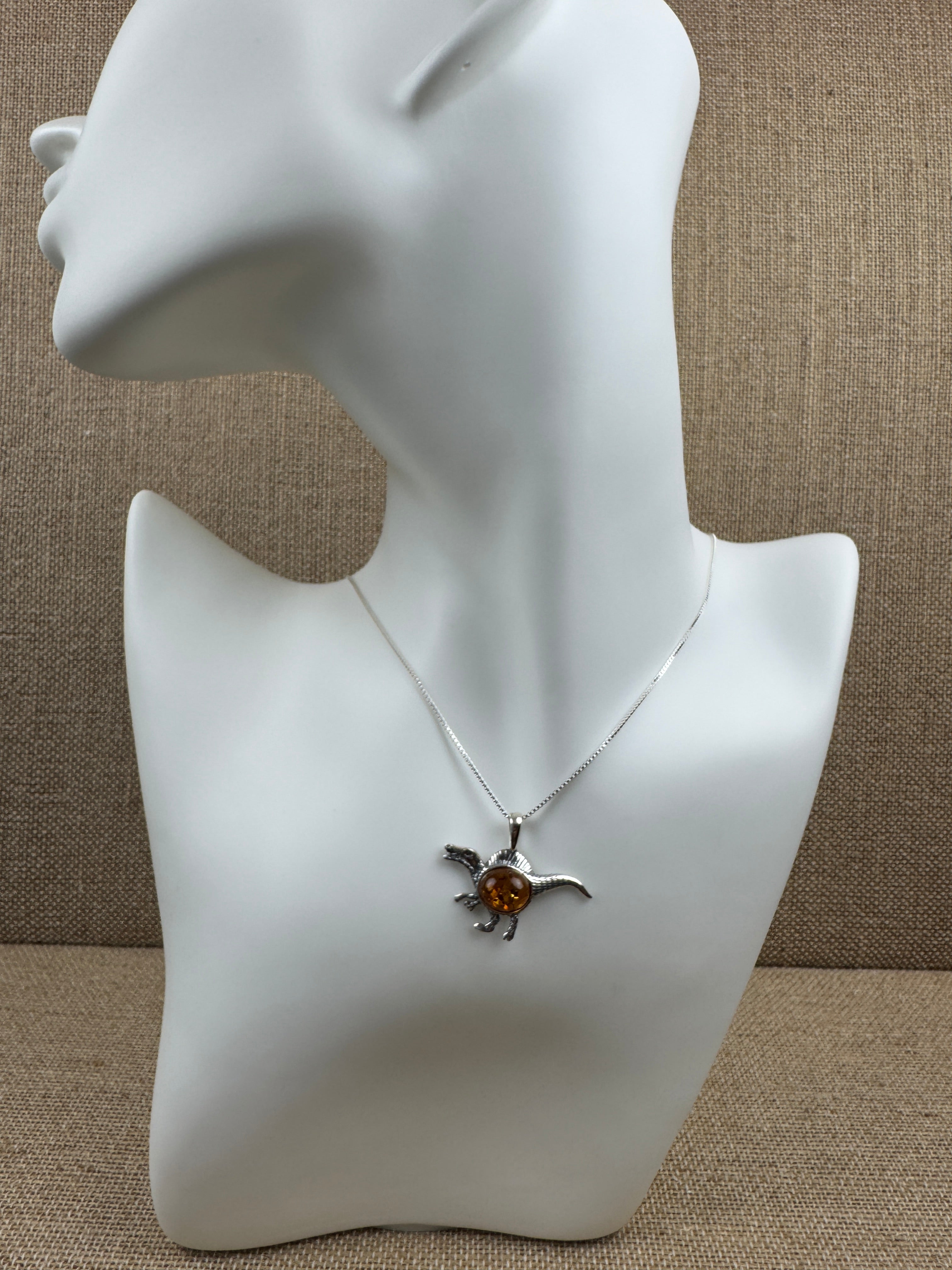Small Raptor Dinosaur Pendant – Baltic Amber & Sterling Silver