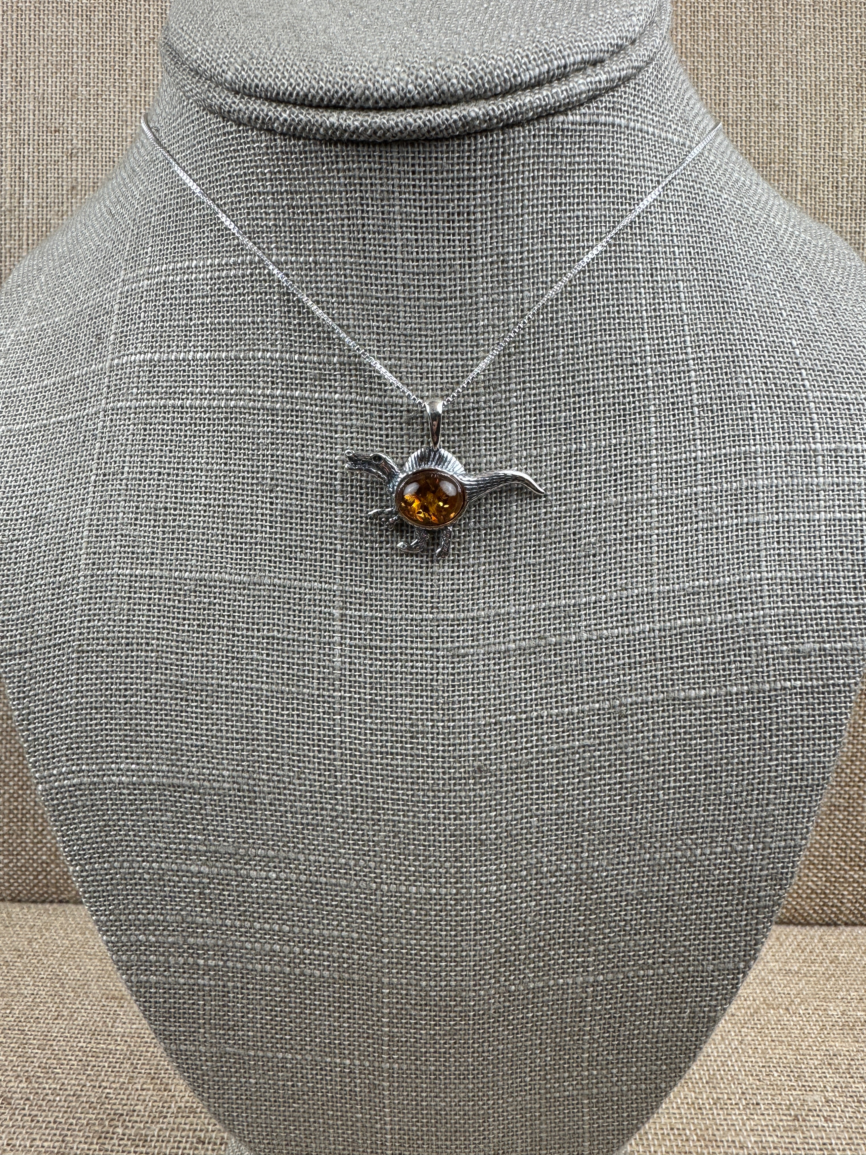Small Raptor Dinosaur Pendant – Baltic Amber & Sterling Silver