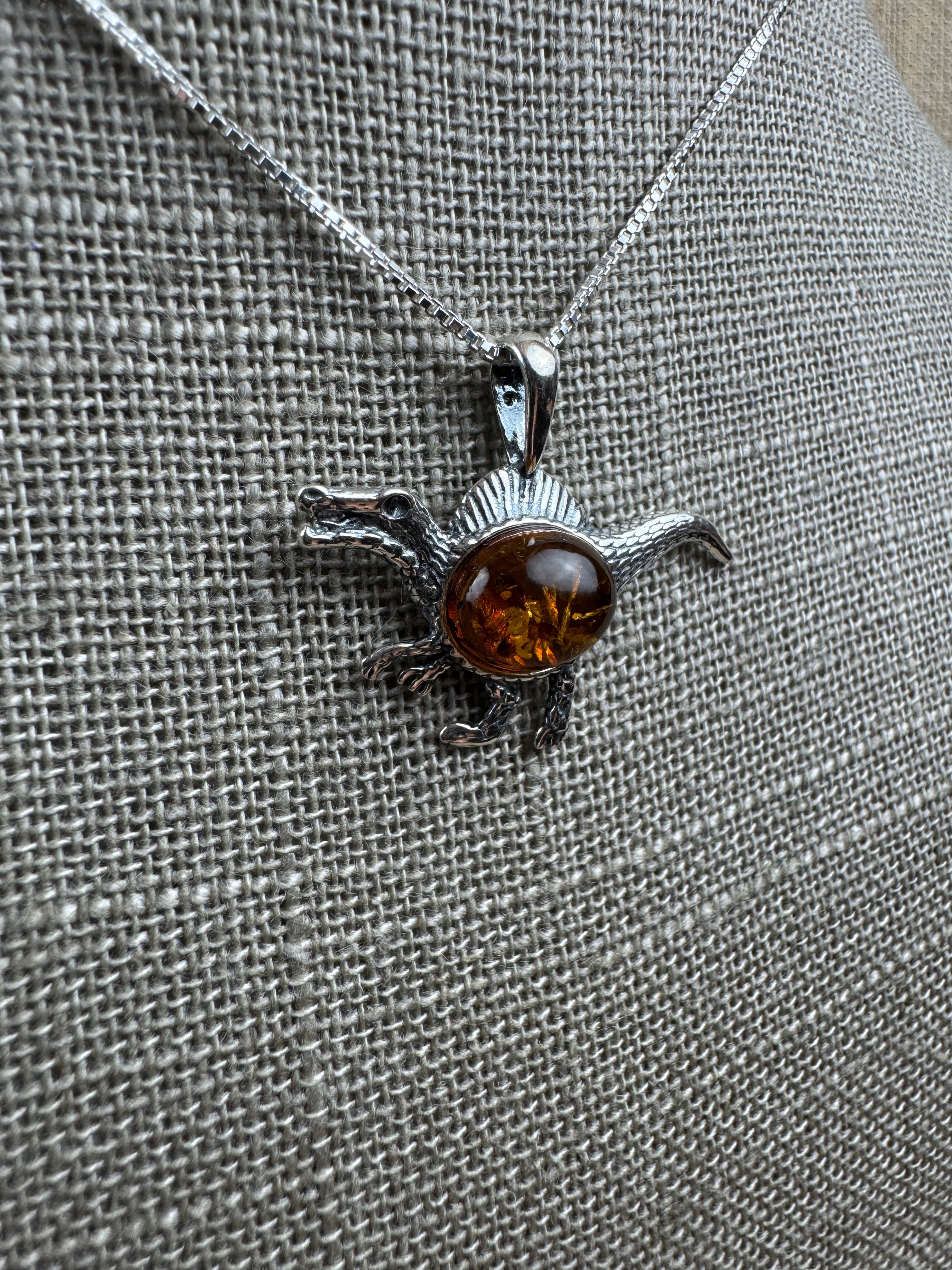 Small Raptor Dinosaur Pendant – Baltic Amber & Sterling Silver