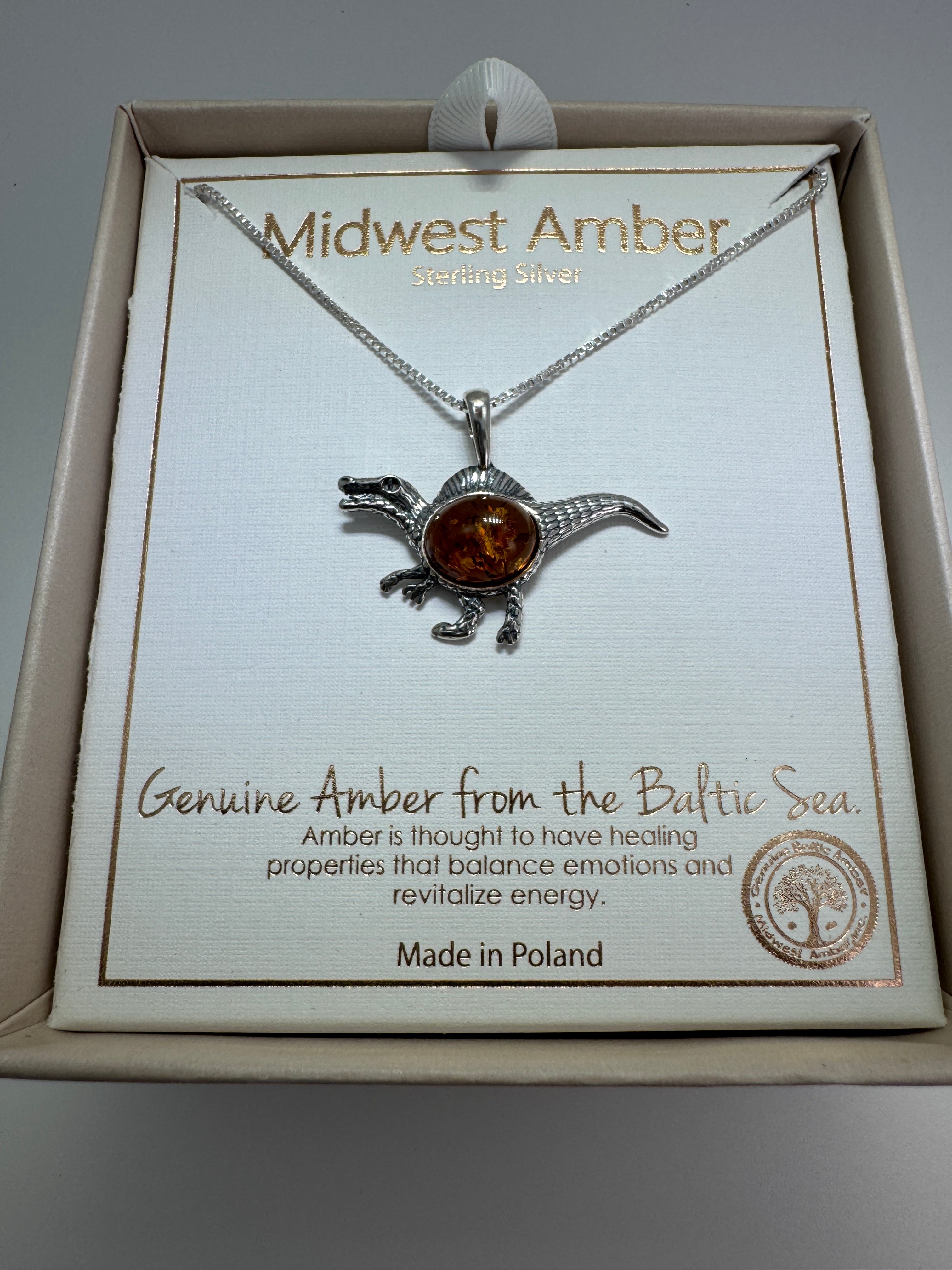 Small Raptor Dinosaur Pendant – Baltic Amber & Sterling Silver