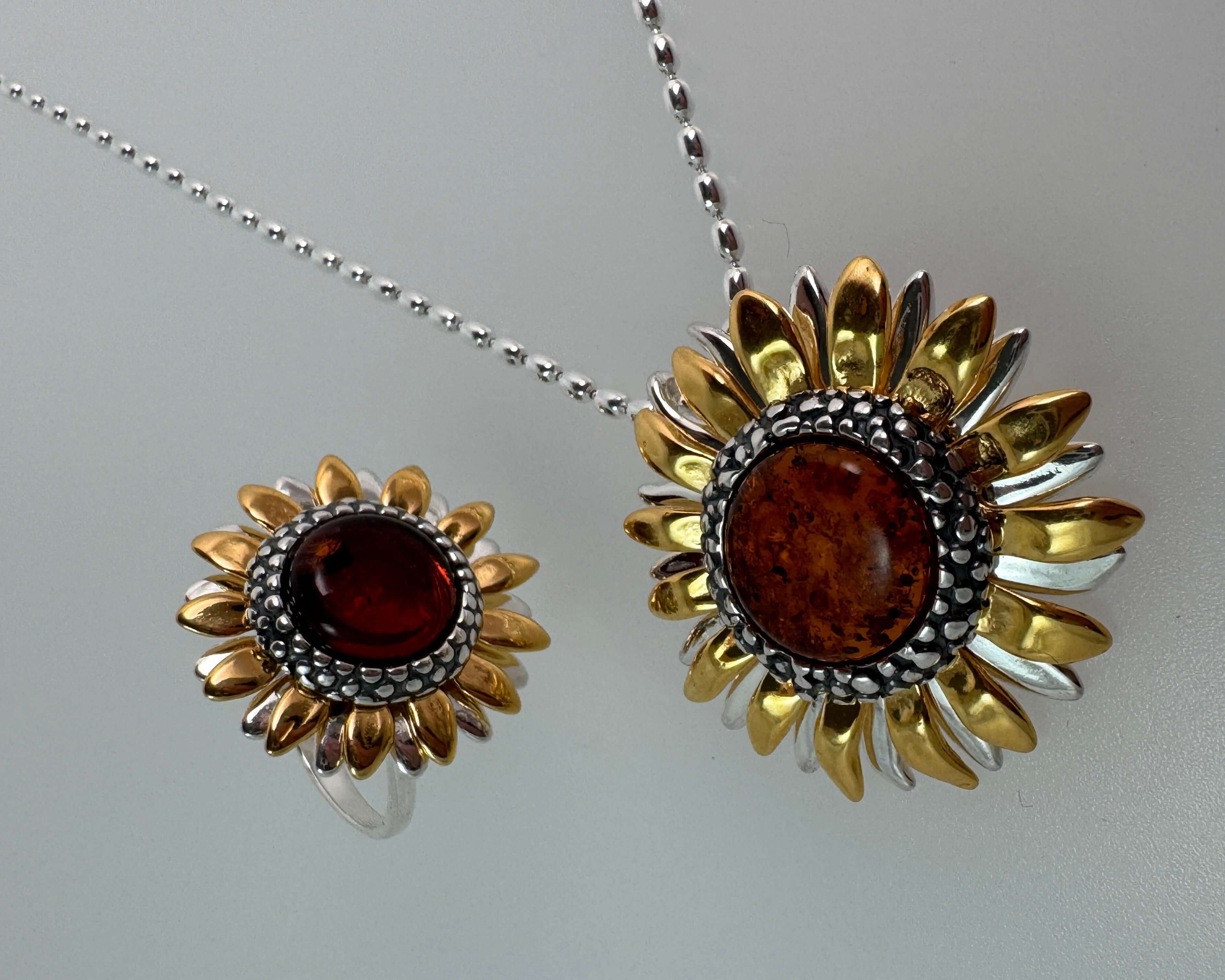 Genuine Baltic Amber Sunflower Jewelry Set - Mixed Silver & Gold Plated Sterling Silver