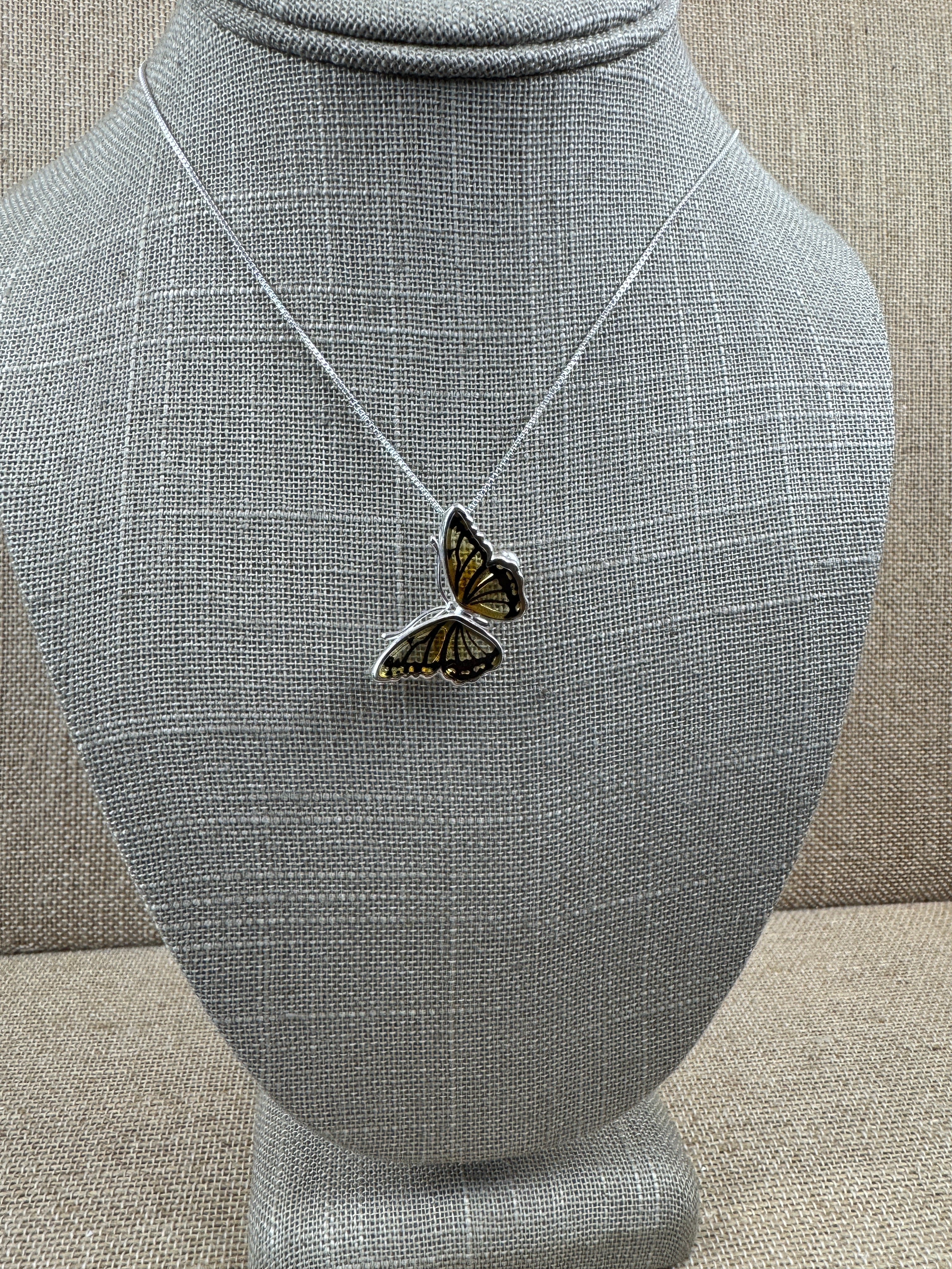 Hand-Etched Baltic Amber Butterfly Pendant & Brooch – Sterling Silver Versatility