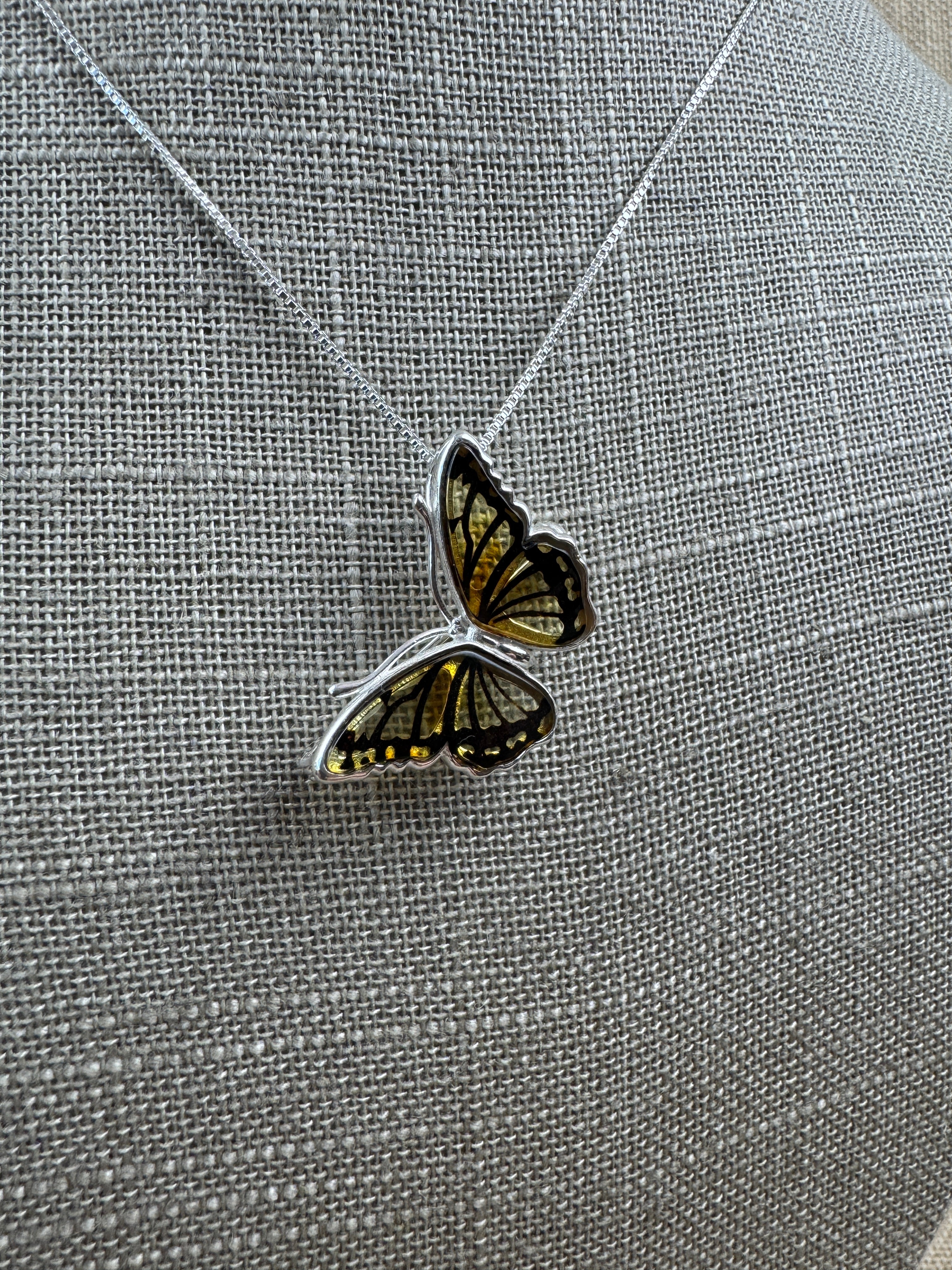 Hand-Etched Baltic Amber Butterfly Pendant & Brooch – Sterling Silver Versatility