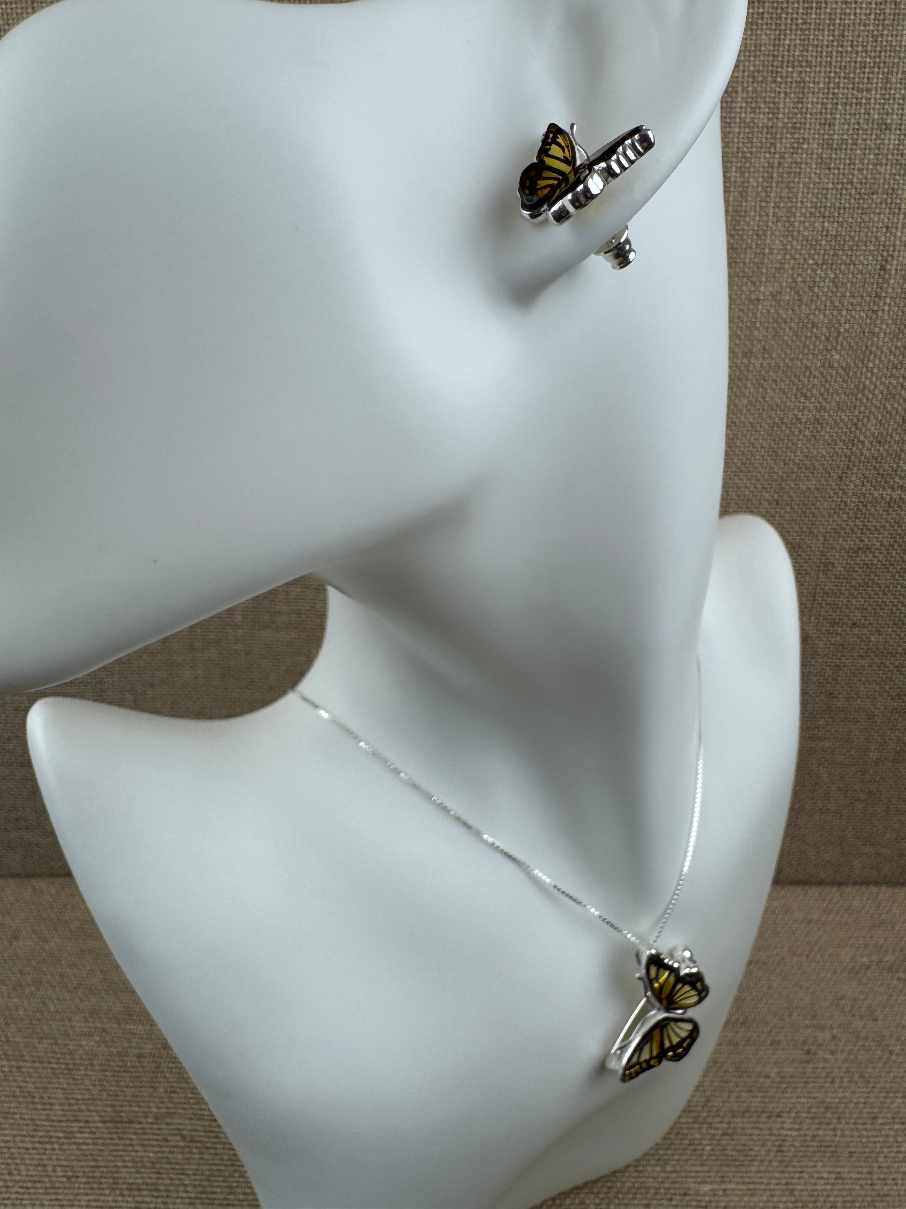 Hand-Etched Baltic Amber Butterfly Pendant & Brooch – Sterling Silver Versatility