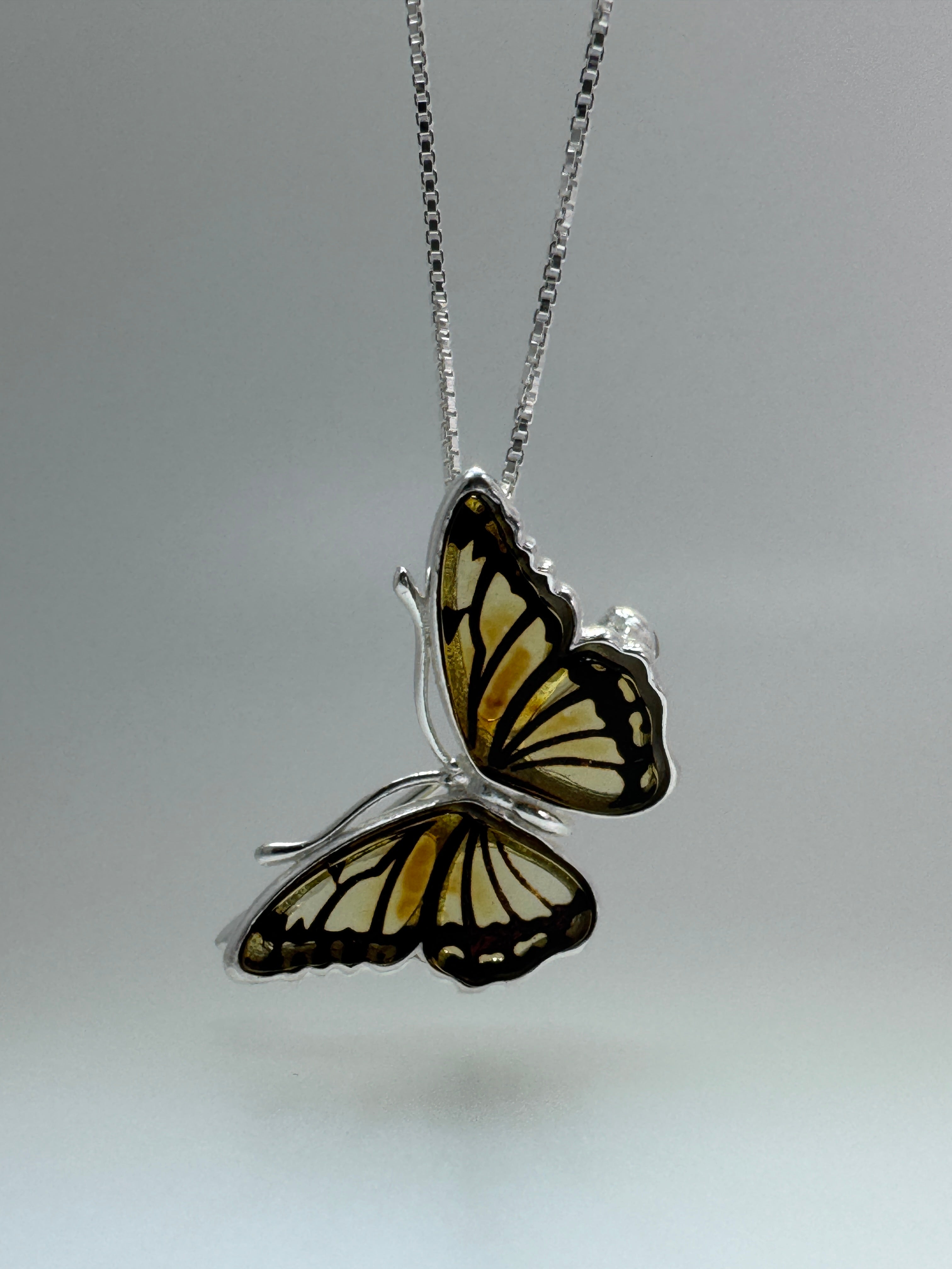 Hand-Etched Baltic Amber Butterfly Pendant & Brooch – Sterling Silver Versatility