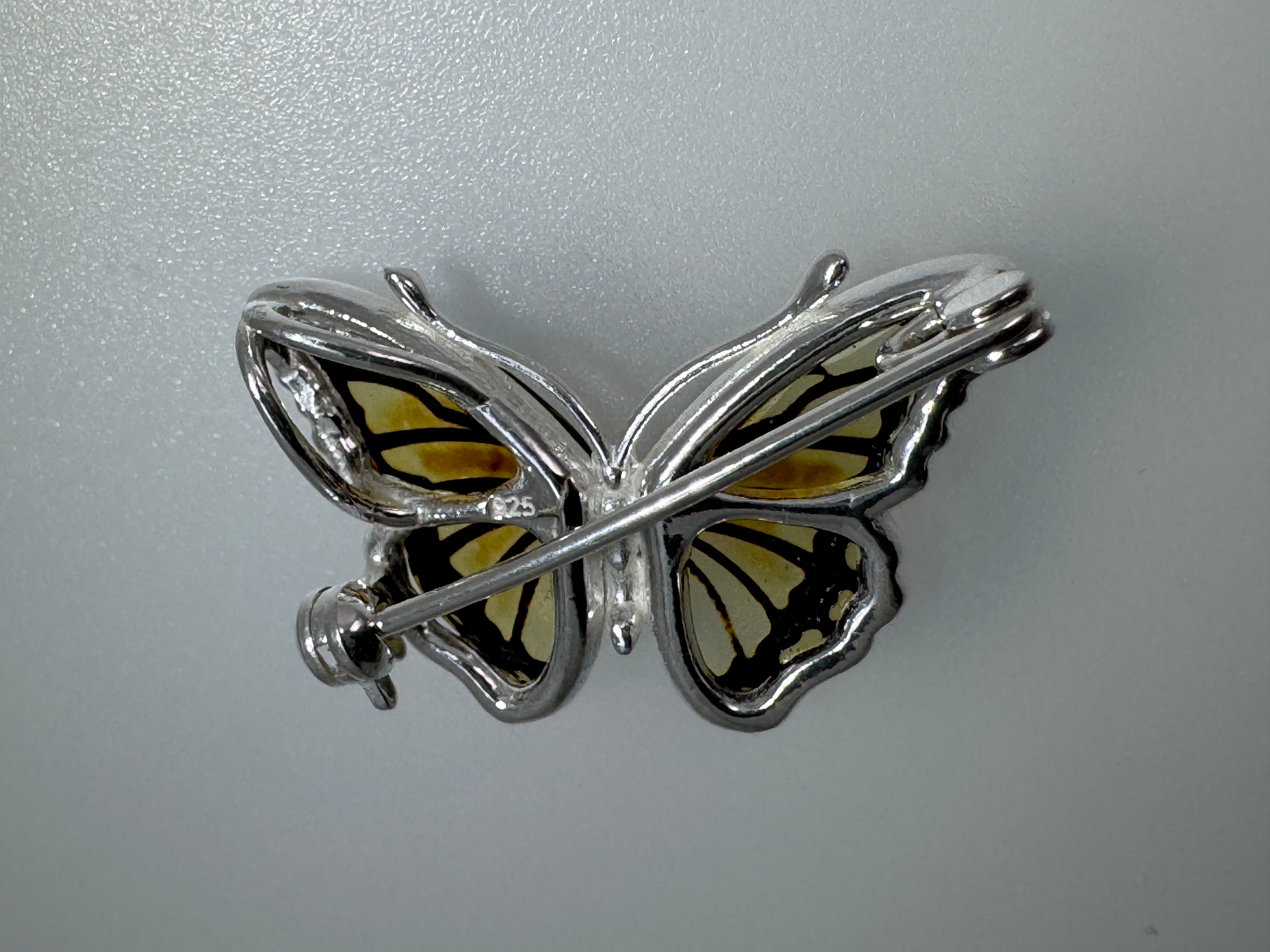 Hand-Etched Baltic Amber Butterfly Pendant & Brooch – Sterling Silver Versatility