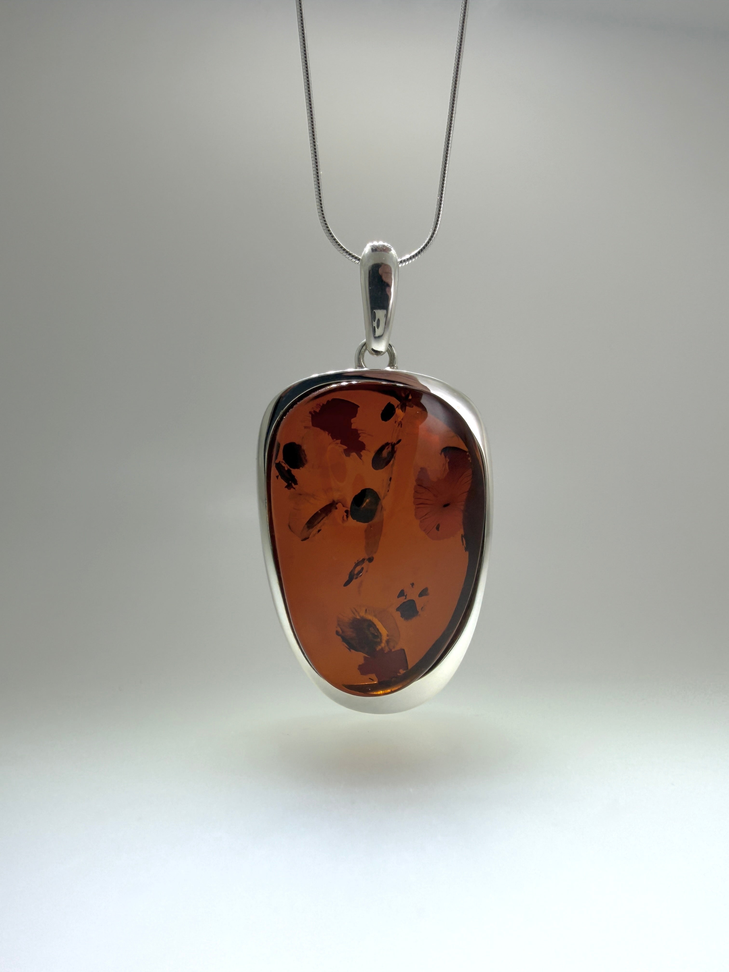 Sterling Silver Honey Baltic Amber Pendant Necklace – Modern Polish Design on Snake Chain