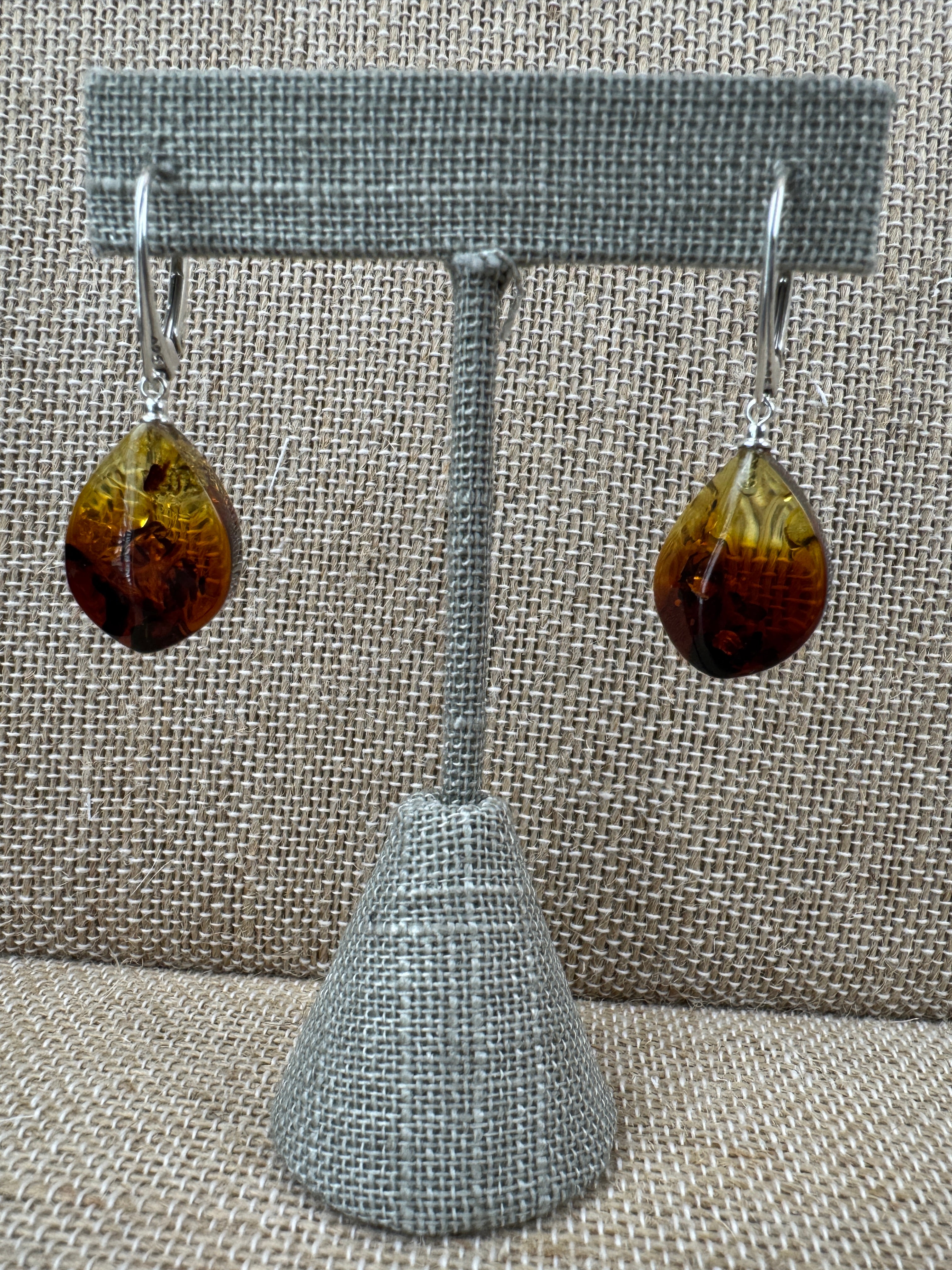 Sterling Silver Ombré Baltic Amber Dangle Leverback Earrings – Rainbow Sunrise Amber - Handmade in Lithuania