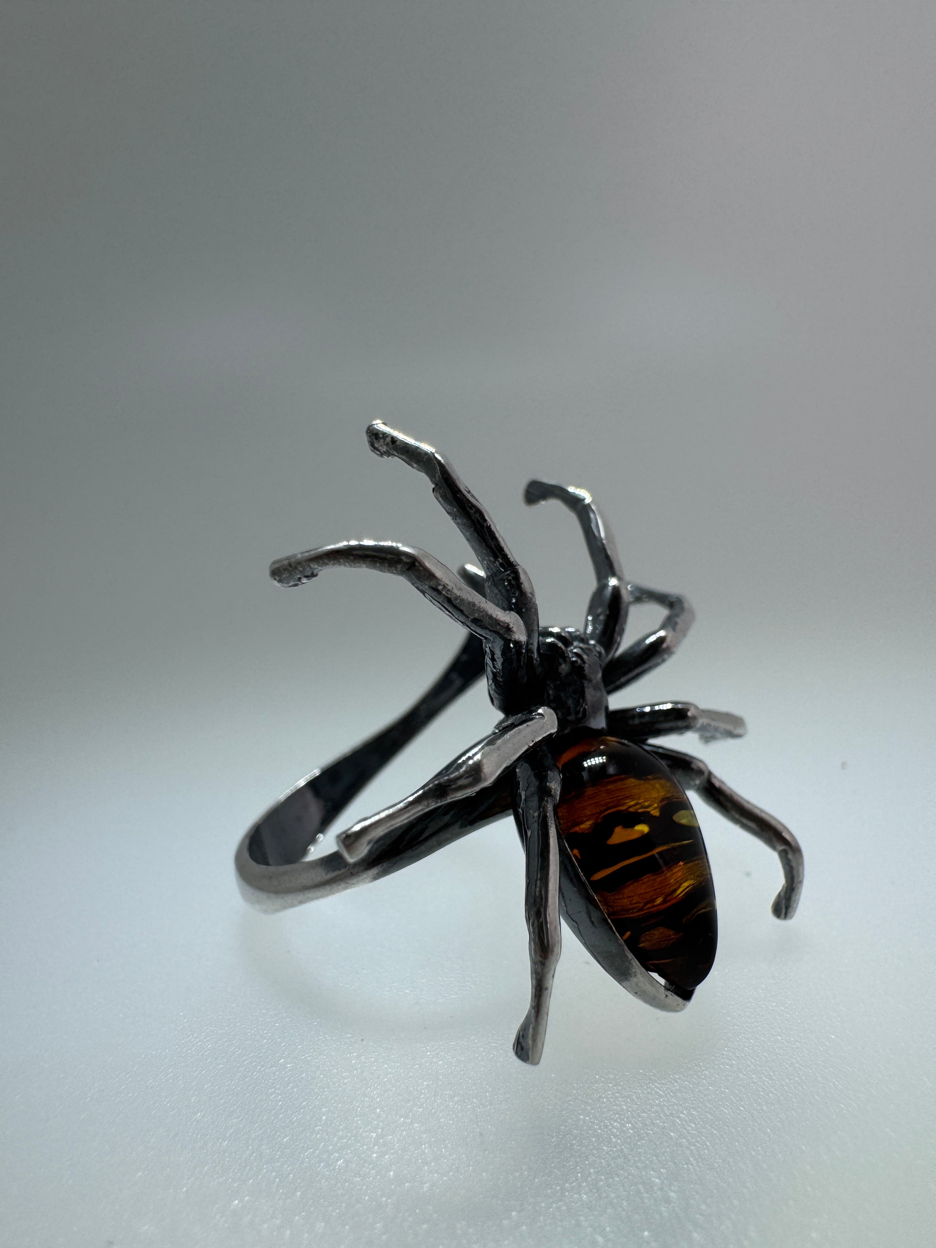 Sterling Silver Spider Ring with Hand-Etched Baltic Amber – Adjustable Statement Design