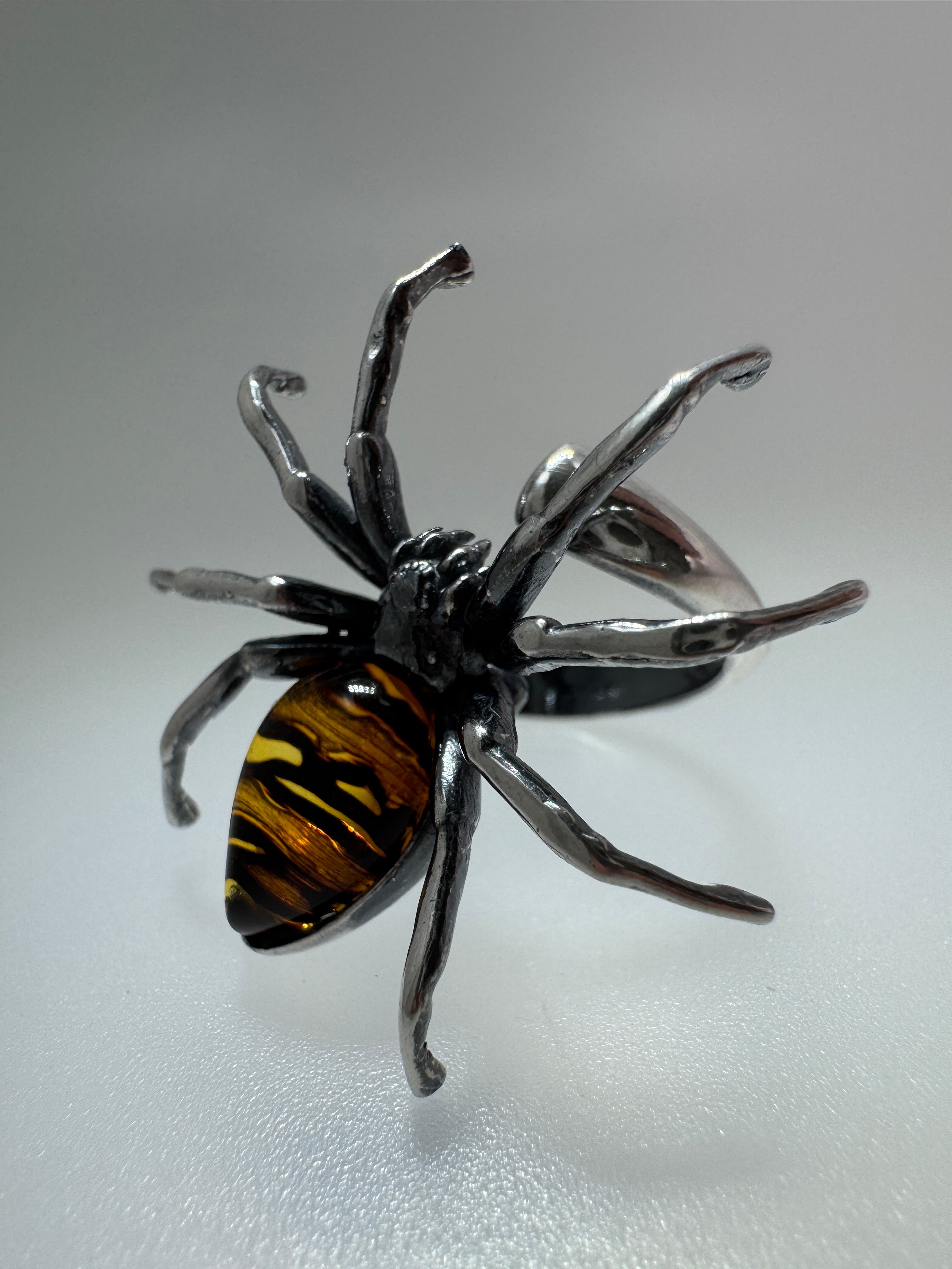 Sterling Silver Spider Ring with Hand-Etched Baltic Amber – Adjustable Statement Design
