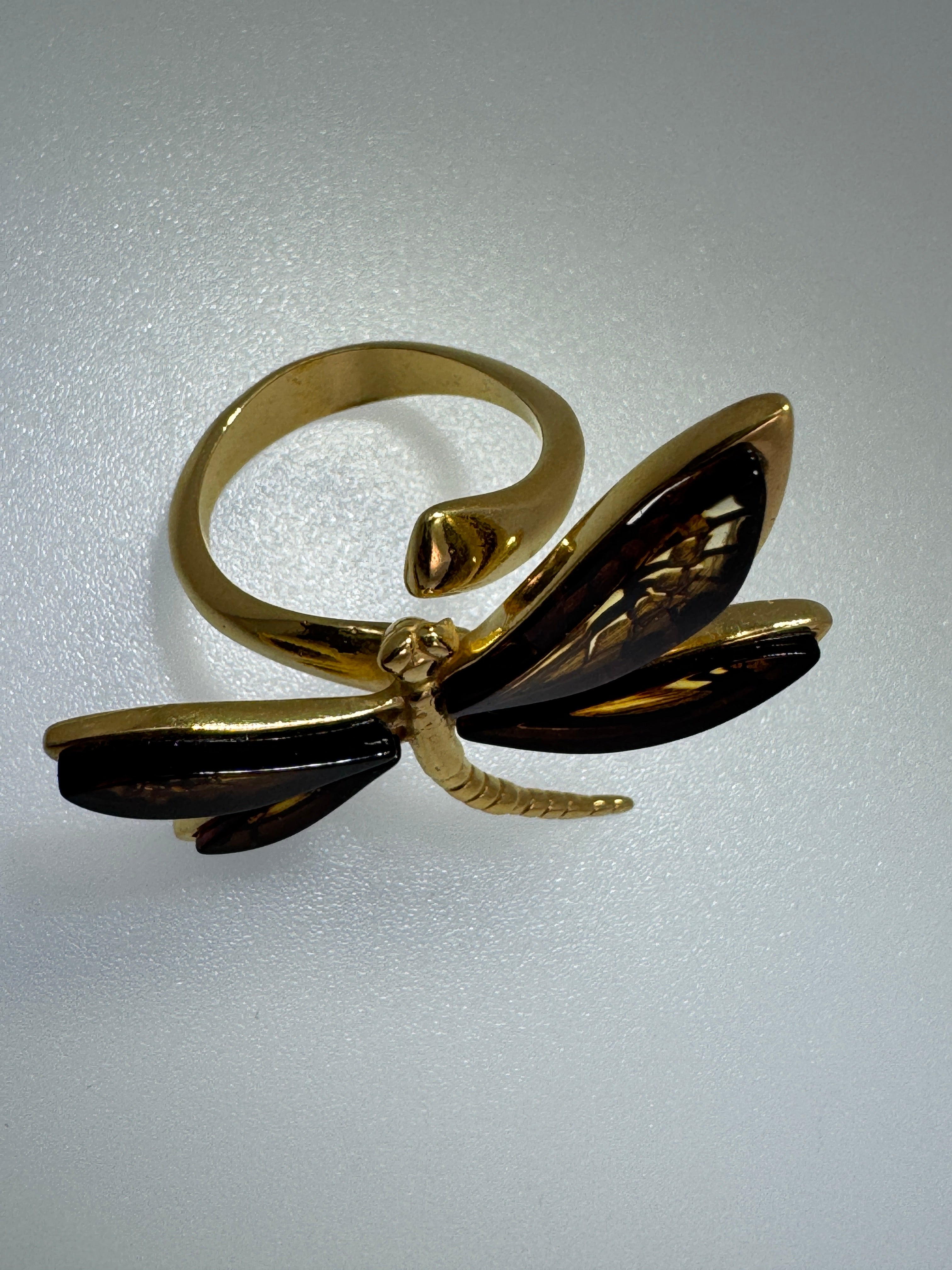 Gold-Plated Sterling Silver Dragonfly Ring – Hand-Etched Cognac Amber Wings, Adjustable
