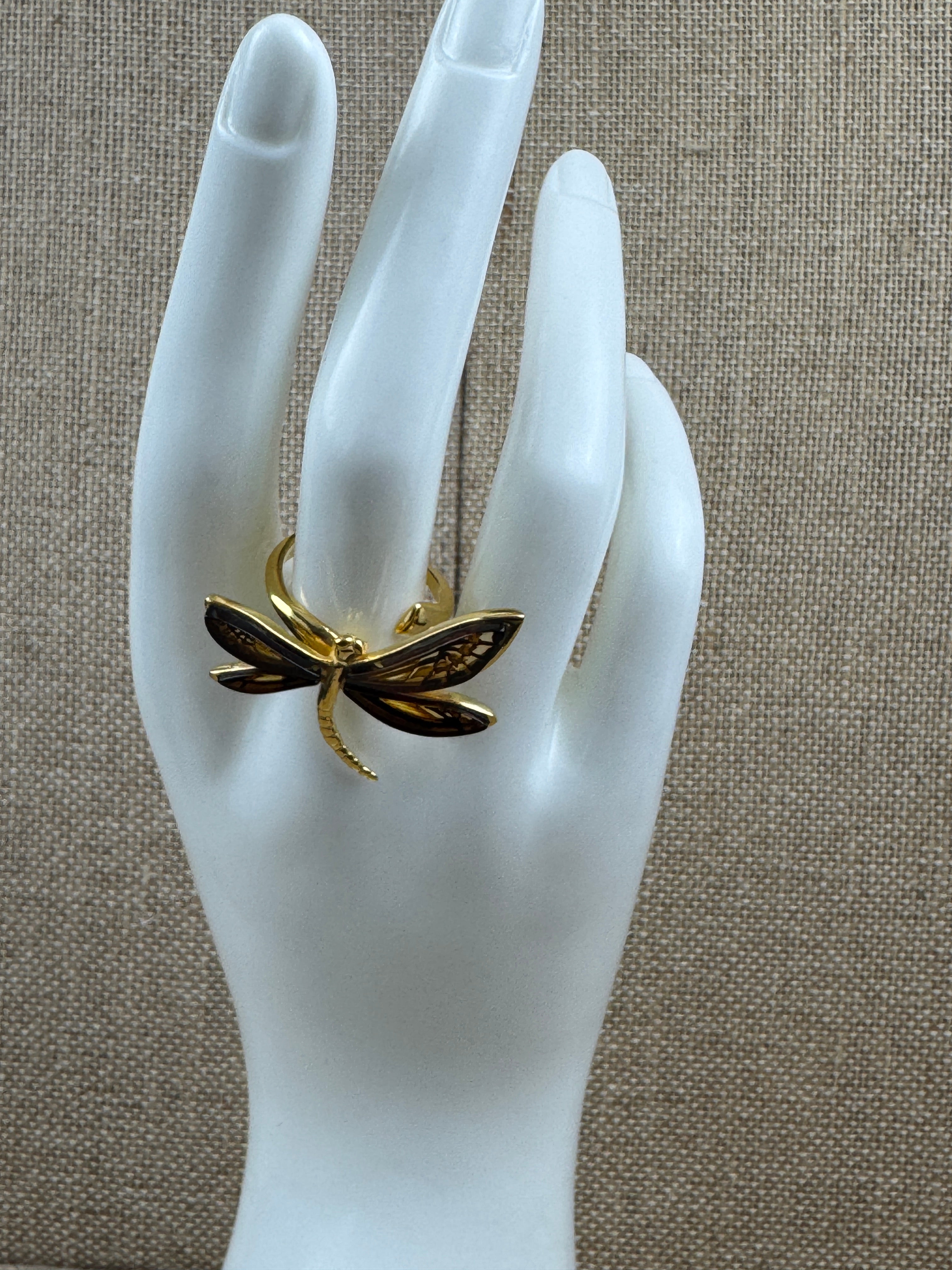 Gold-Plated Sterling Silver Dragonfly Ring – Hand-Etched Cognac Amber Wings, Adjustable