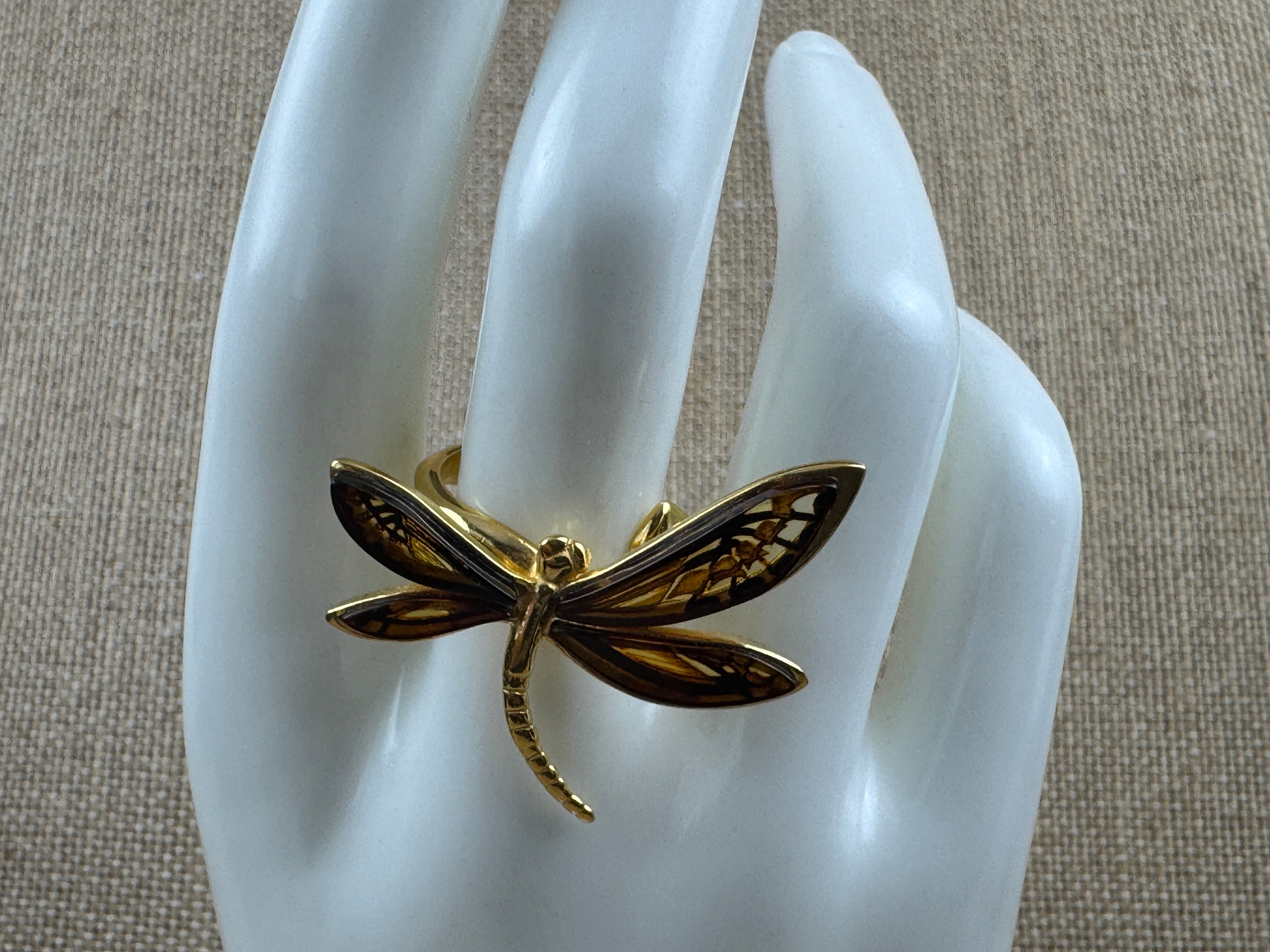 Gold-Plated Sterling Silver Dragonfly Ring – Hand-Etched Cognac Amber Wings, Adjustable