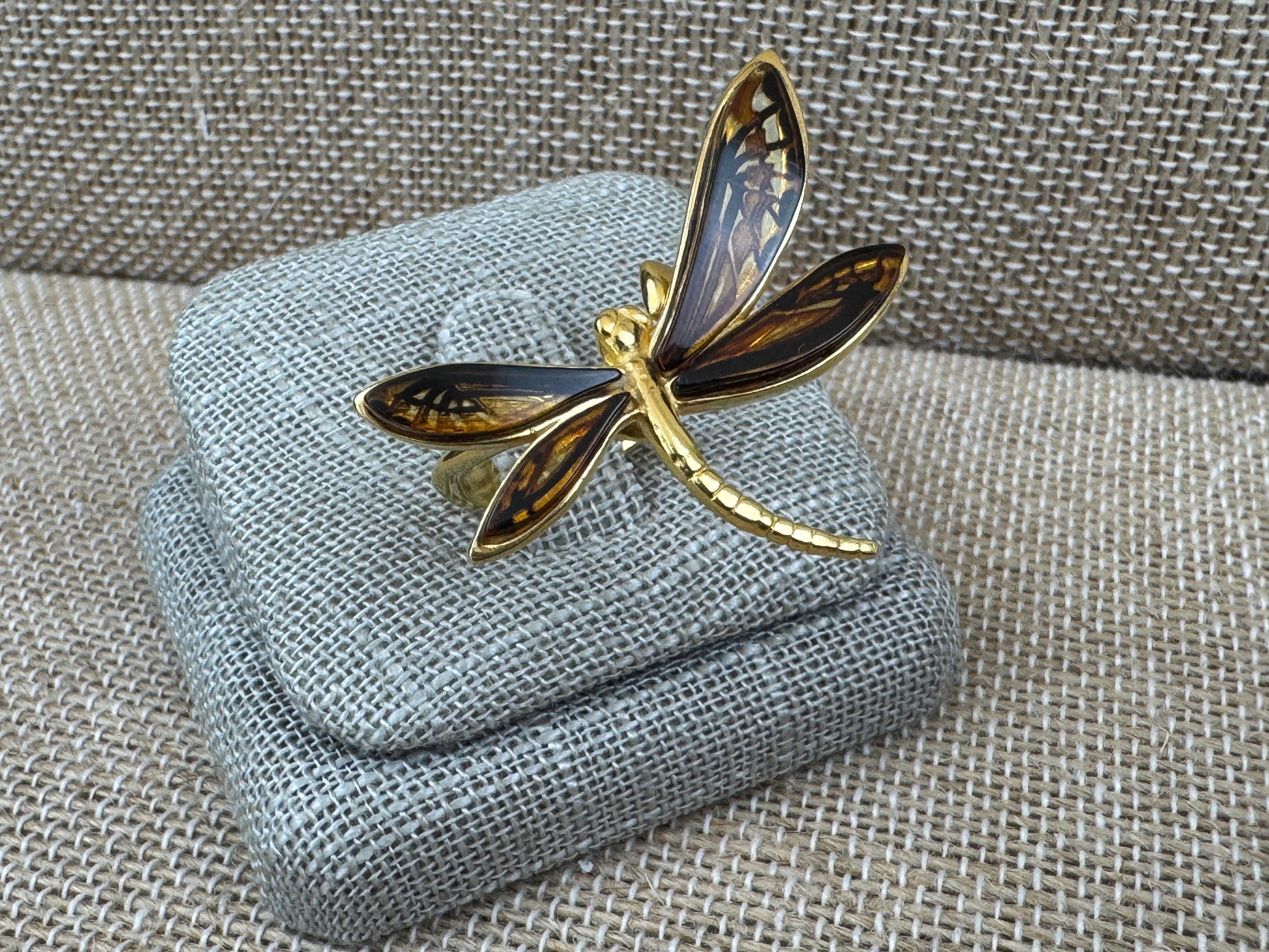 Gold-Plated Sterling Silver Dragonfly Ring – Hand-Etched Cognac Amber Wings, Adjustable