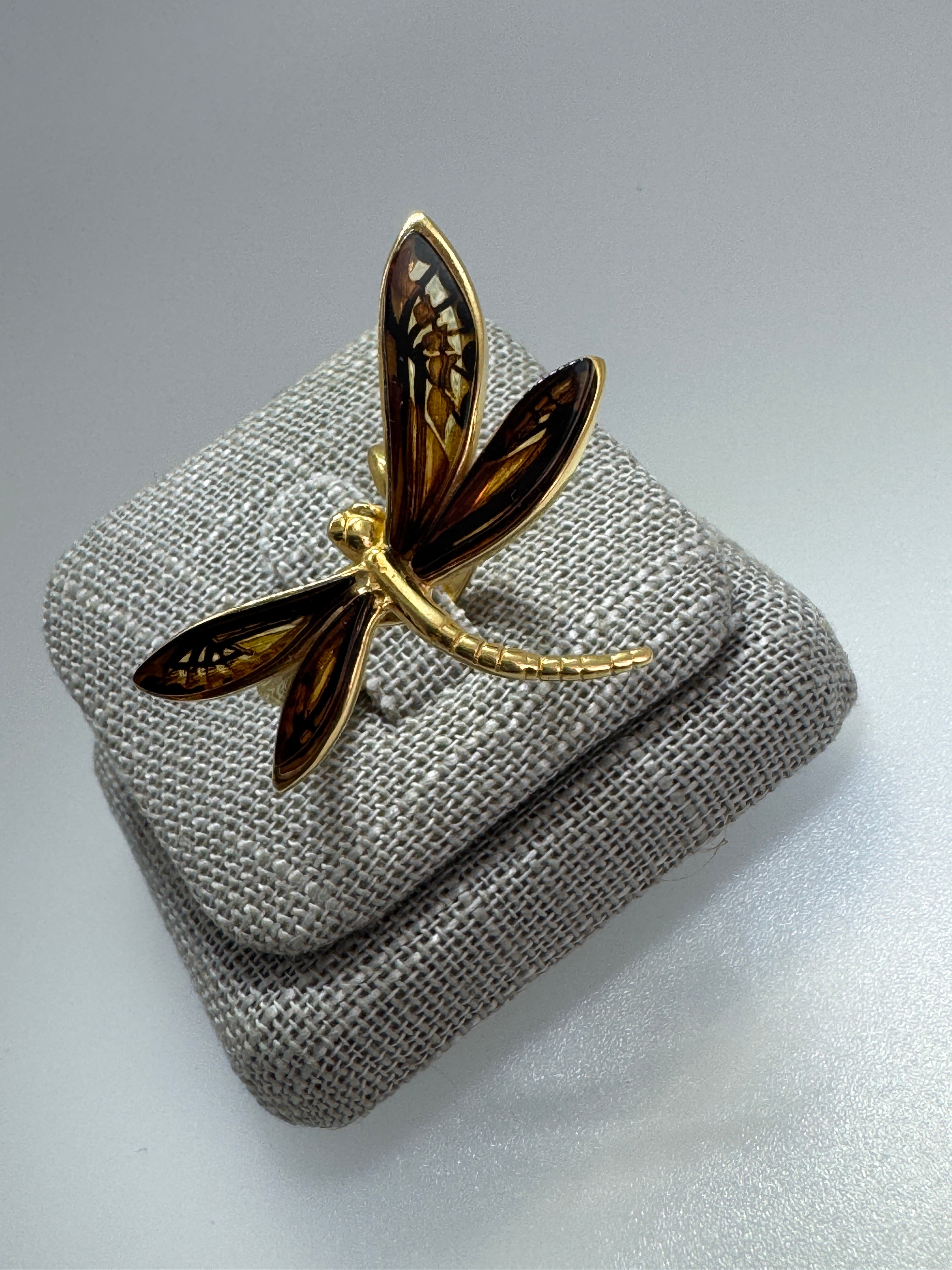 Gold-Plated Sterling Silver Dragonfly Ring – Hand-Etched Cognac Amber Wings, Adjustable