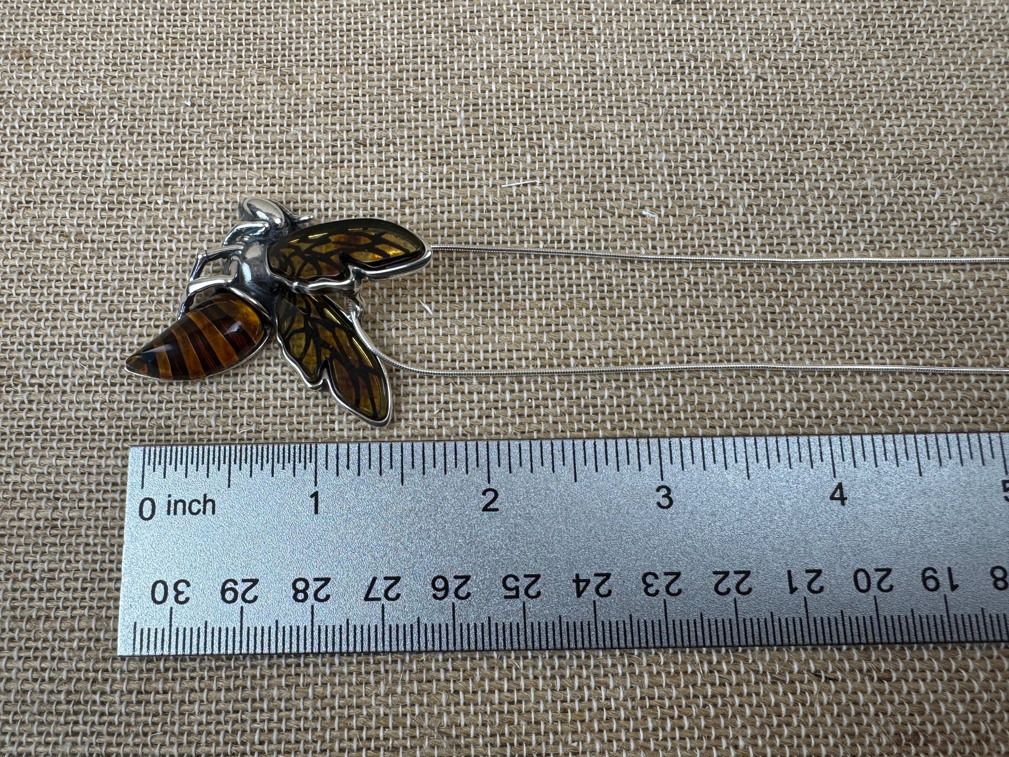 Handmade Sterling Silver & Striped Baltic Amber Bumblebee Pendant on Silver chain