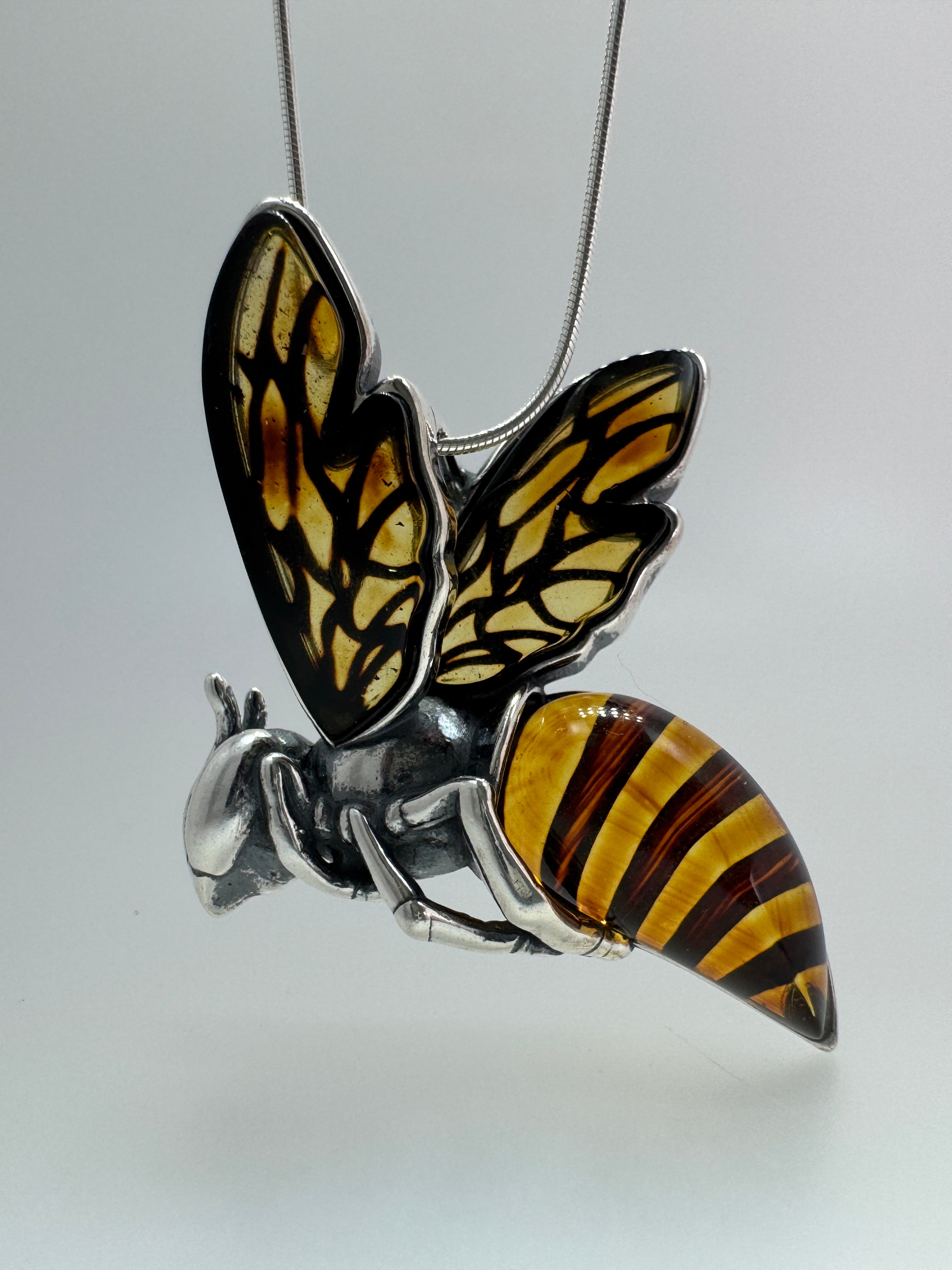 Handmade Sterling Silver & Striped Baltic Amber Bumblebee Pendant on Silver chain