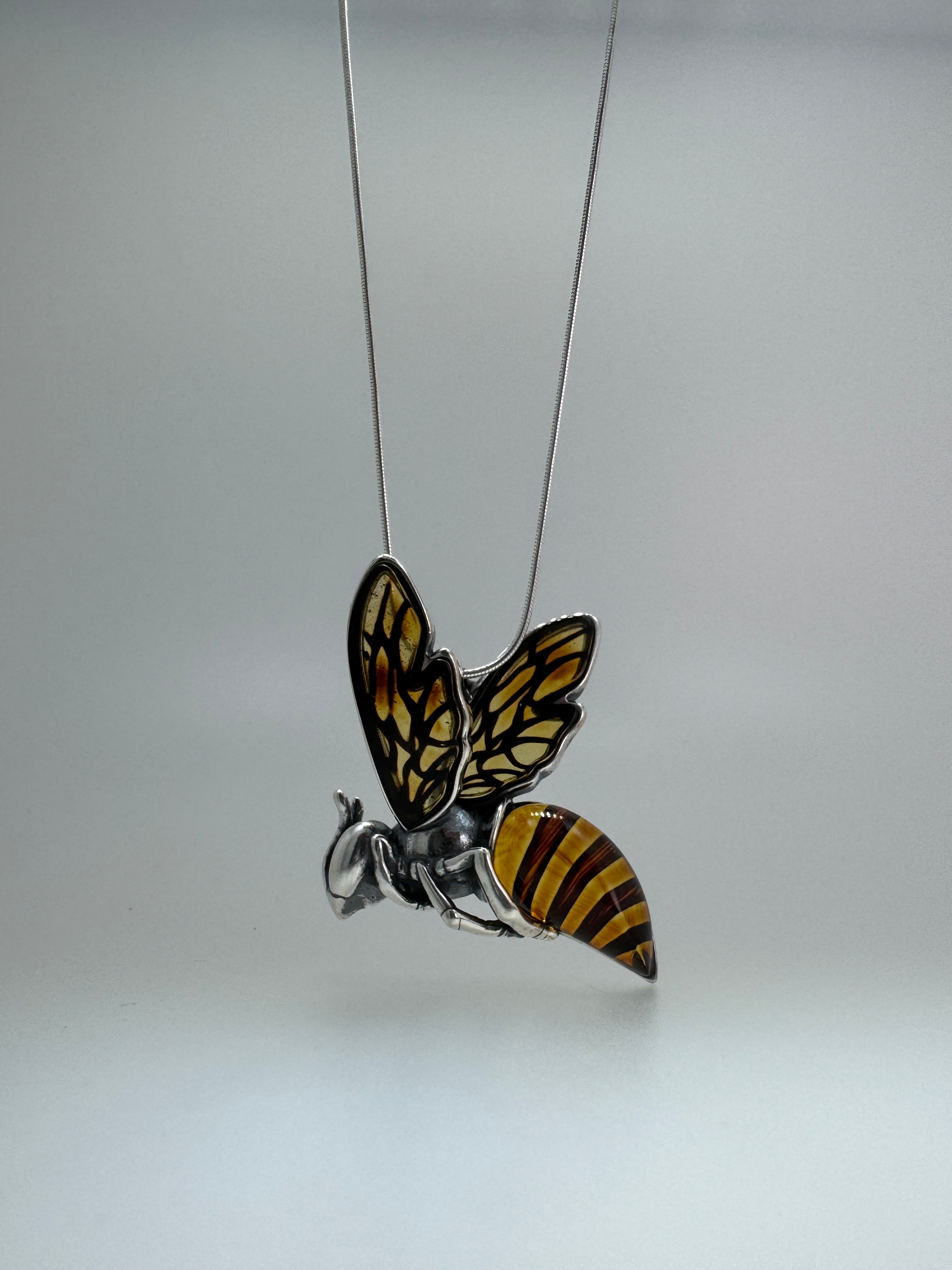 Handmade Sterling Silver & Striped Baltic Amber Bumblebee Pendant on Silver chain