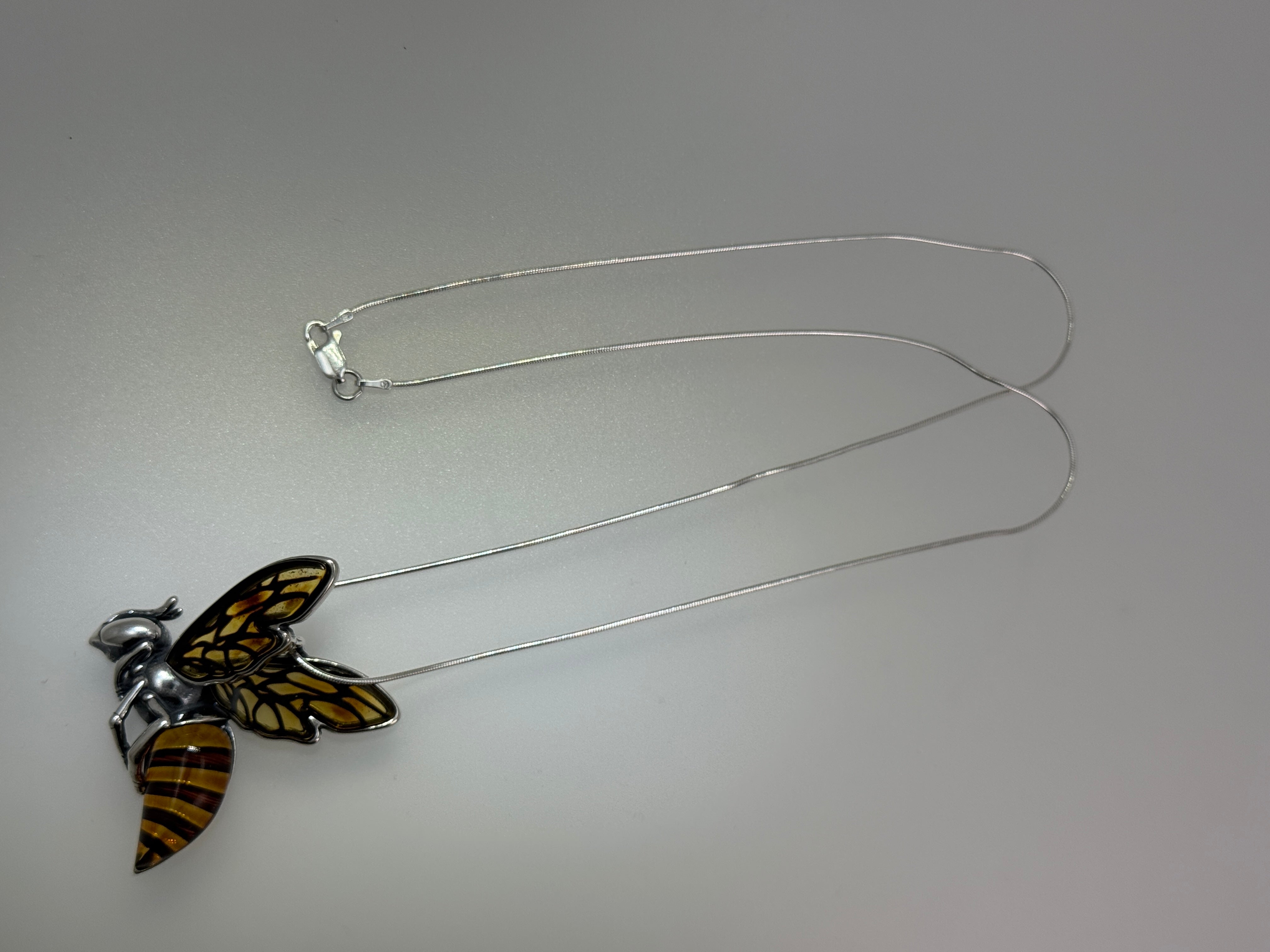Handmade Sterling Silver & Striped Baltic Amber Bumblebee Pendant on Silver chain