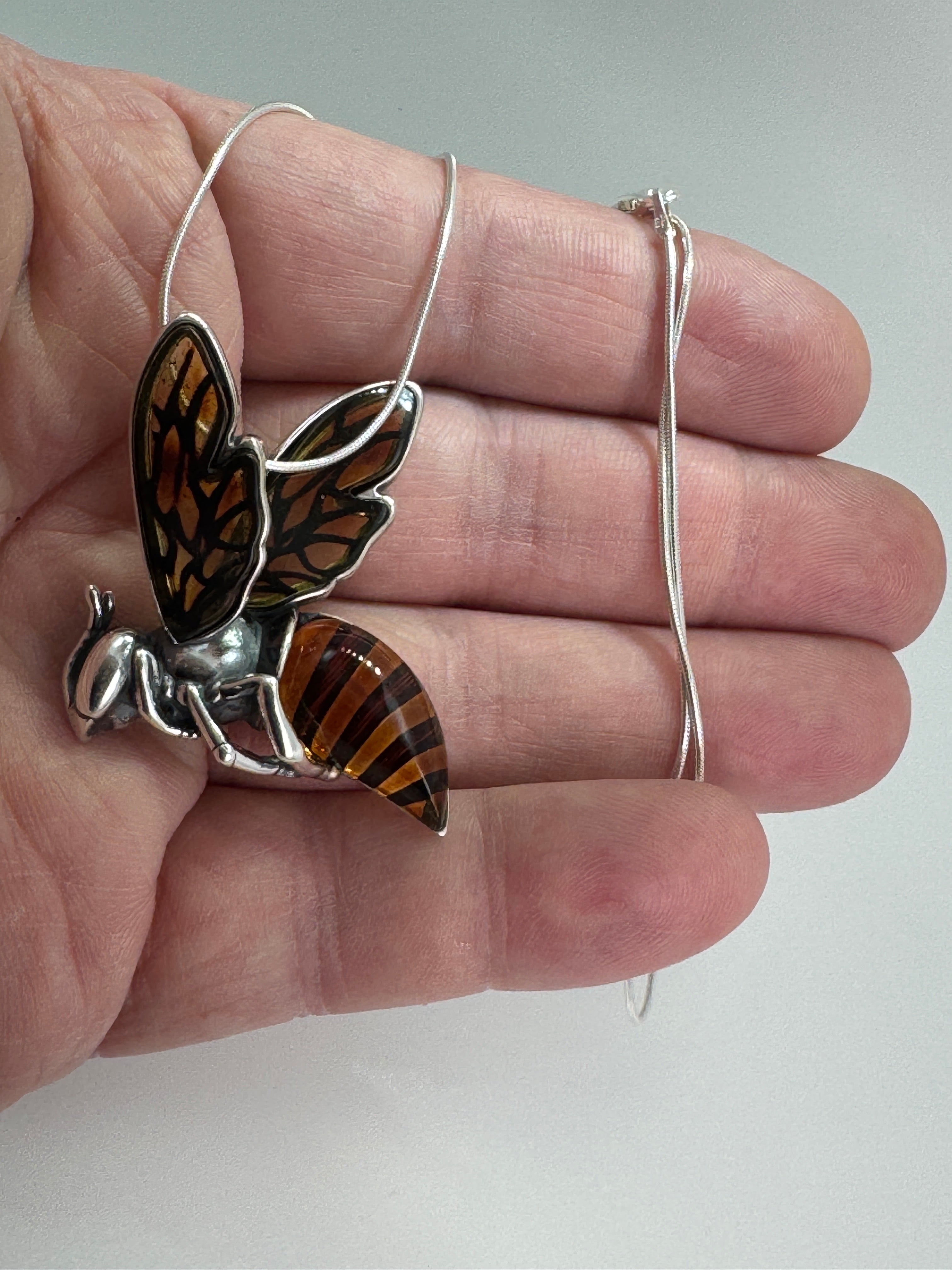 Handmade Sterling Silver & Striped Baltic Amber Bumblebee Pendant on Silver chain