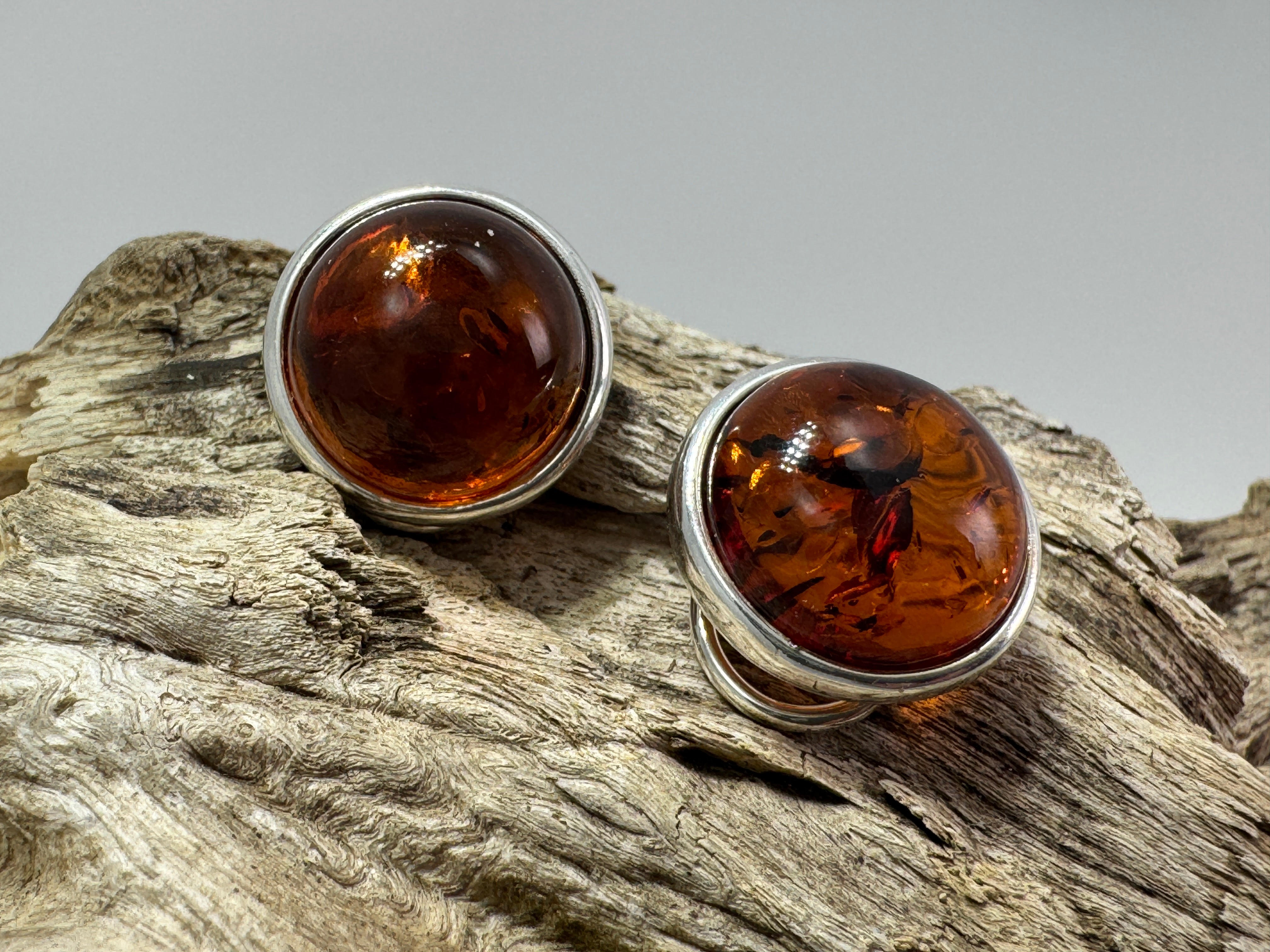 Cognac Baltic Amber Clip-On Earrings – Sterling Silver, 14 mm Round Cabochons, No Piercing Needed