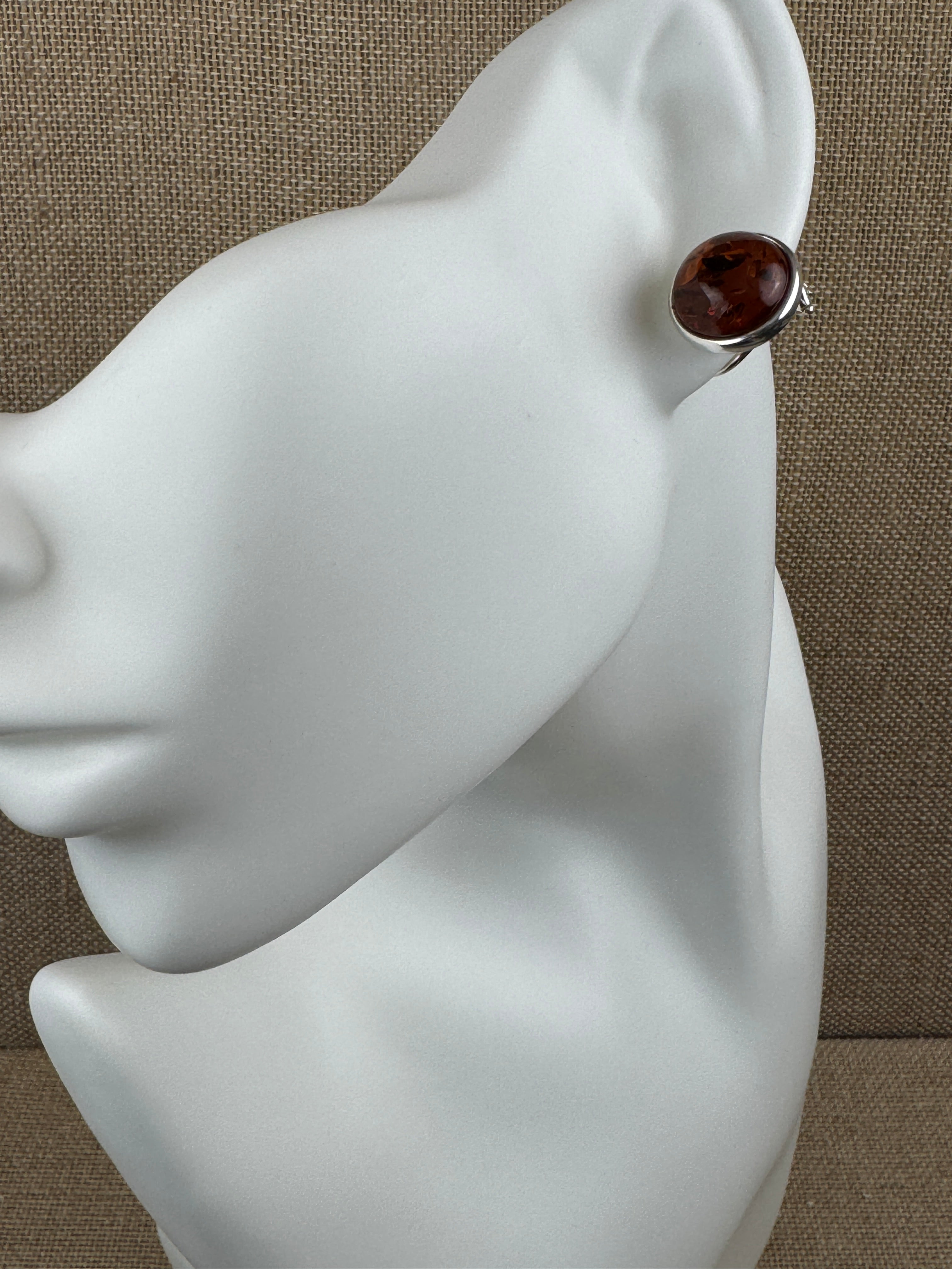 Cognac Baltic Amber Clip-On Earrings – Sterling Silver, 14 mm Round Cabochons, No Piercing Needed